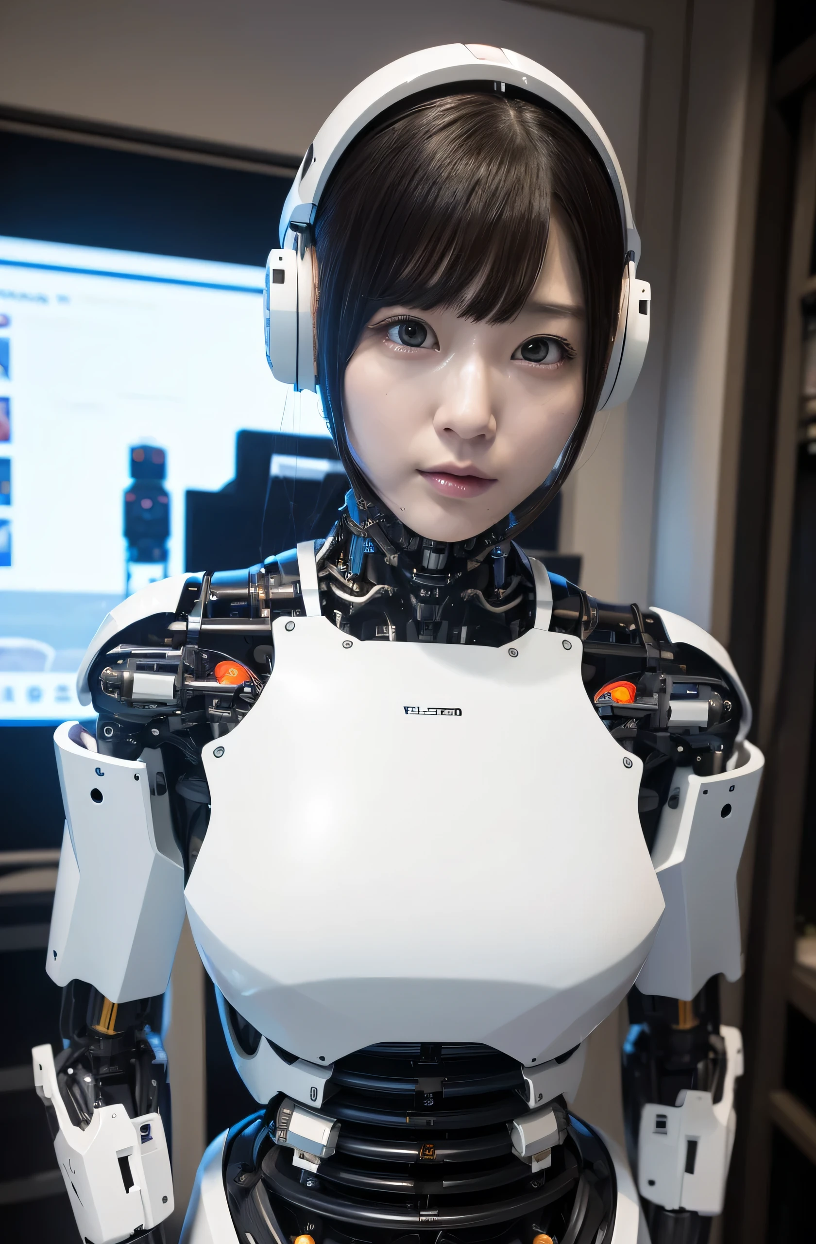 masterpiece, best quality, extremely detailed, Japaese Cyborg girl,Plump , control panels,android,Droid,Mechanical Hand, Robot arms and legs, Black Robot Parts,Black hair,Mechanical body,Blunt bangs,White robotics parts,perfect robot girl,long tube,thick cable connected her neck,ceramic body ,mechanical body, mechanical ear cover, mechanical costume,android,robot,humanoid,cyborg,japanese android woman ,mechanical chest,full eyes,future laboratory,connecting a cable between the legs,white mouth cover