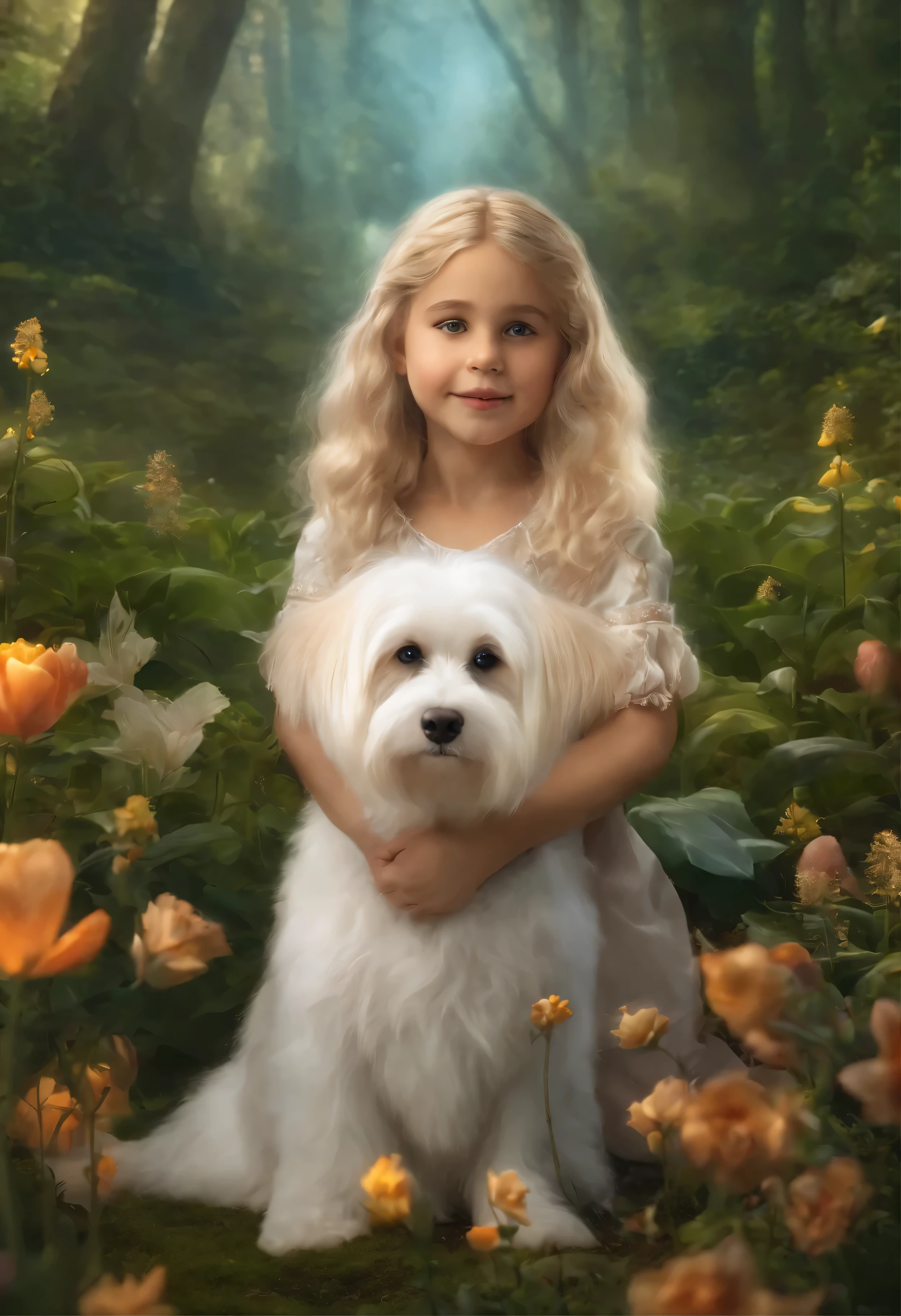 In the magical land, There lived a girl named Lily and her fluffy white Maltese dog., Bella, With animal friends, Faced with Grizzle&#39;s tactics., masterpiece, high quality, highres, 8k