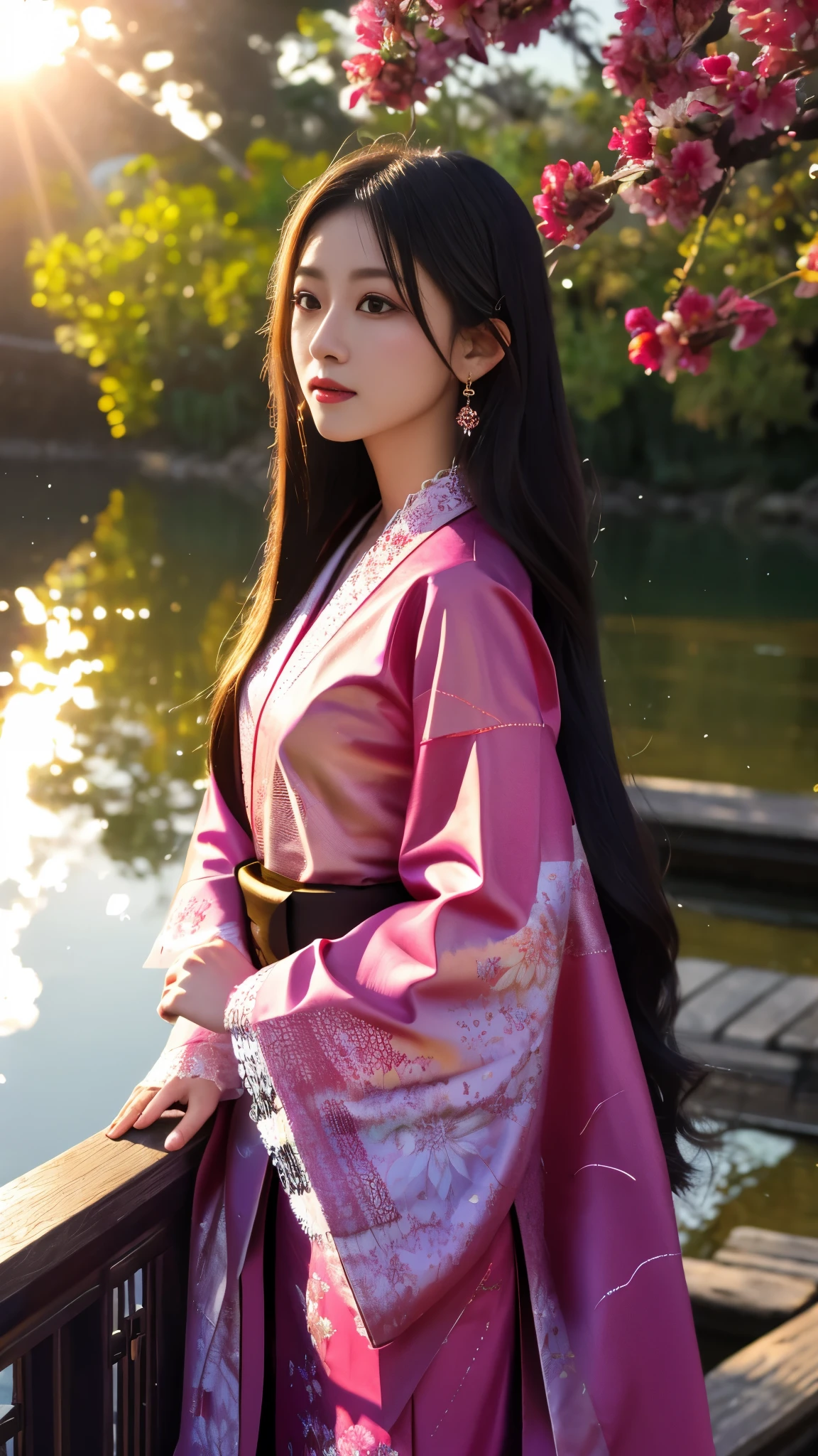 8K, UHD, masterpeiece,best quality, 1 girl, detailed face, detailed eyes, very long hair, long straight hair, small breasts, very detailed dress, kimono costume, magenta costume, ((mesh lace)), sardine, flowing sardine, jwellery, earring, ornaments, flower, evening, lake, water, sunset, depth of field, glowing light, god rays, reflection light, bloom,