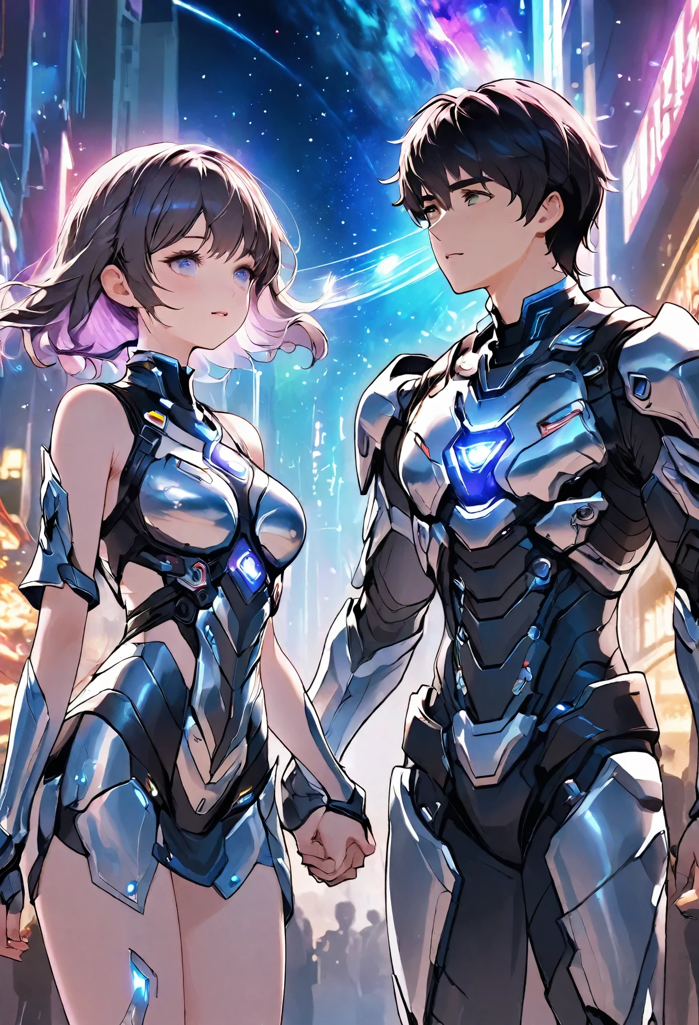 ((full body)), ((A boy and a yinji girl)), ((Long shot)), ((Armor)), ((Walk hand in hand)), Two-man match, 4k ultra hd, masterpiece, good face, detailed eyes, detailed lips, neon lights, (galaxy background:1.5), in the heaven, Dissolving is correct