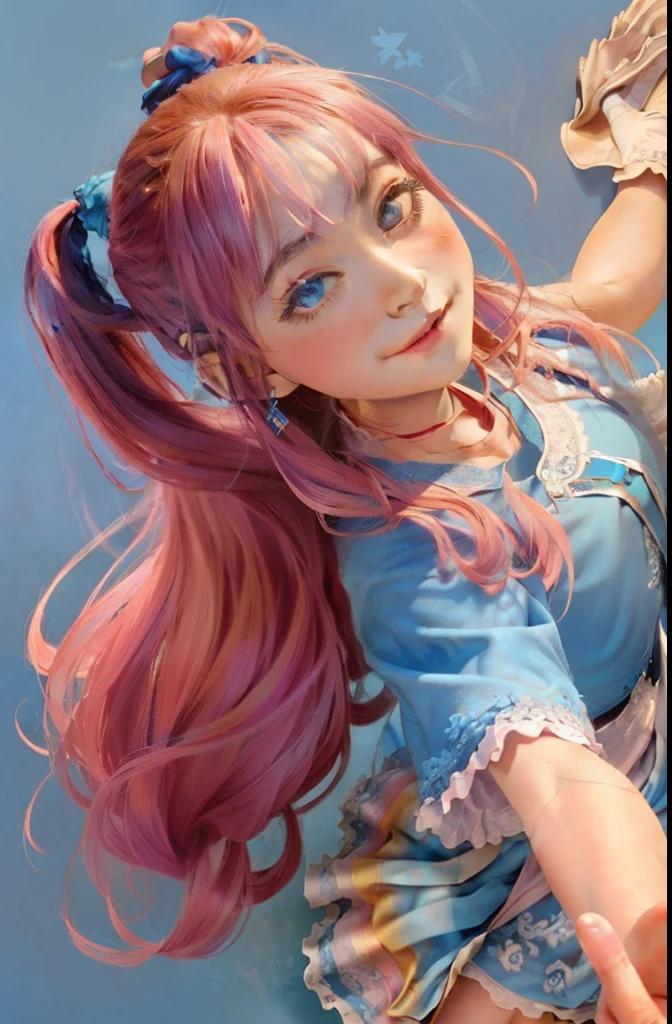 ((masterpiece:1.2, best quality)), Super detailed, Ultra-precise depiction, Super detailed的描绘, (Trolls (Tanged):1.2), (Dynamic poses), (Blue Background:1.5), Long wavy hair, Pink Hair, 1 Lace Girl, Pink transparent lace colorful, portrait, (from above:1.2)