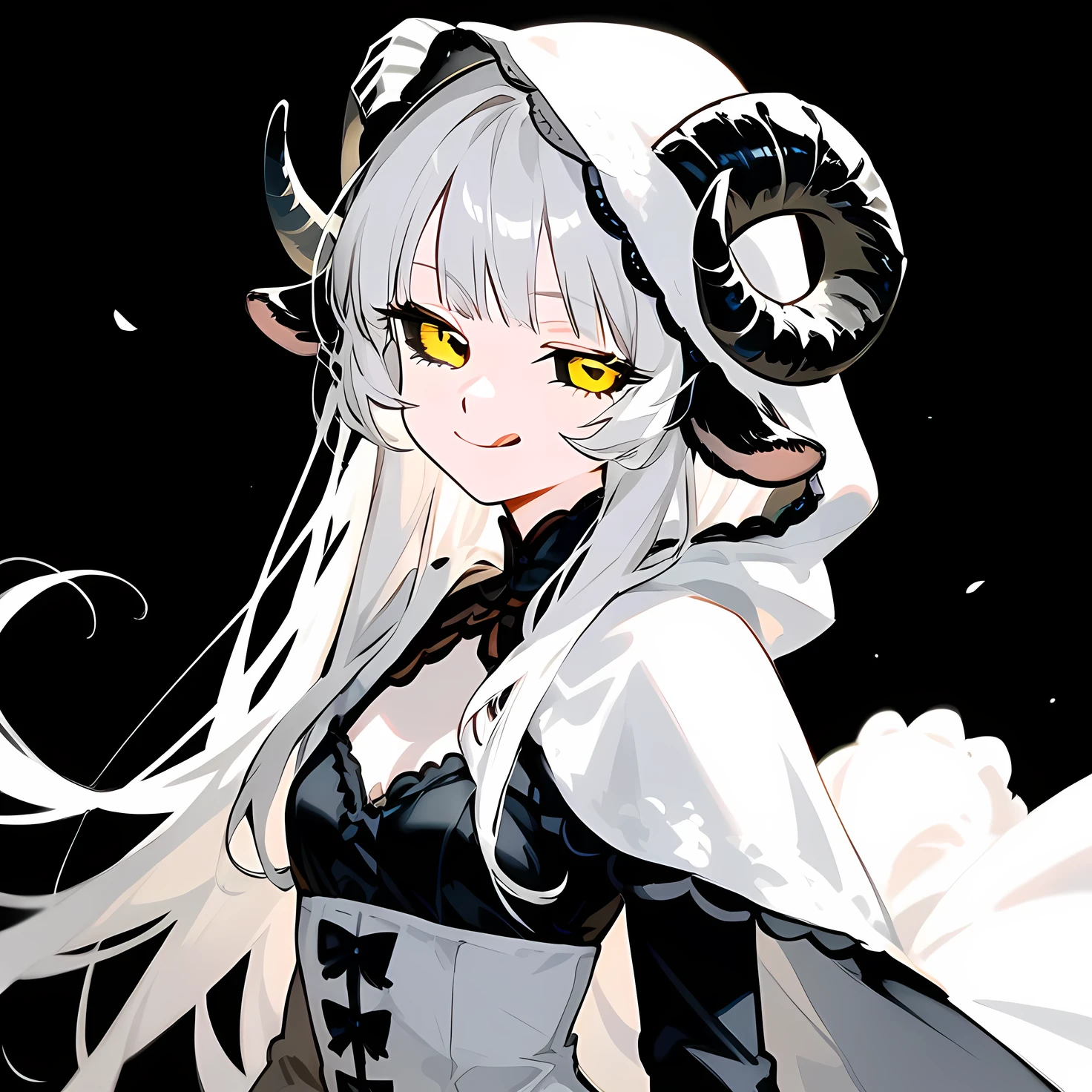 score_9, score_8_up, score_7_up, 1girl, solo, curled black horns, white sheep ears, white hair, long hair, hime cut, sheep horns, yellow eyes, (black sclera), evil smile, smug, tongue out, small breasts, standing, white hooded cultist cloak, hood off, old fashioned, black victorian dress beneath, black background, simple background, upper body, best quality