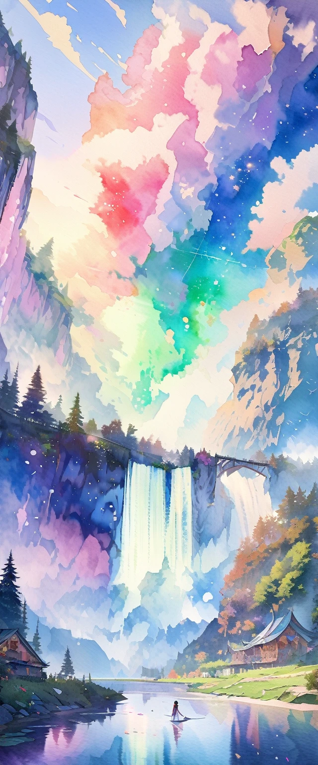 (very beautiful elaborate watercolors:1.5),beautiful nature,beautiful lake\((very elaborate and beautiful galaxy reflected:1.4)\),waterfalls,fantasy,some fairies,beautiful sky, BREAK ,quality\(8k,wallpaper of extremely detailed CG unit, ​masterpiece,hight resolution,top-quality,top-quality real texture skin,hyper realisitic,increase the resolution,RAW photos,best qualtiy,highly detailed,the wallpaper\)