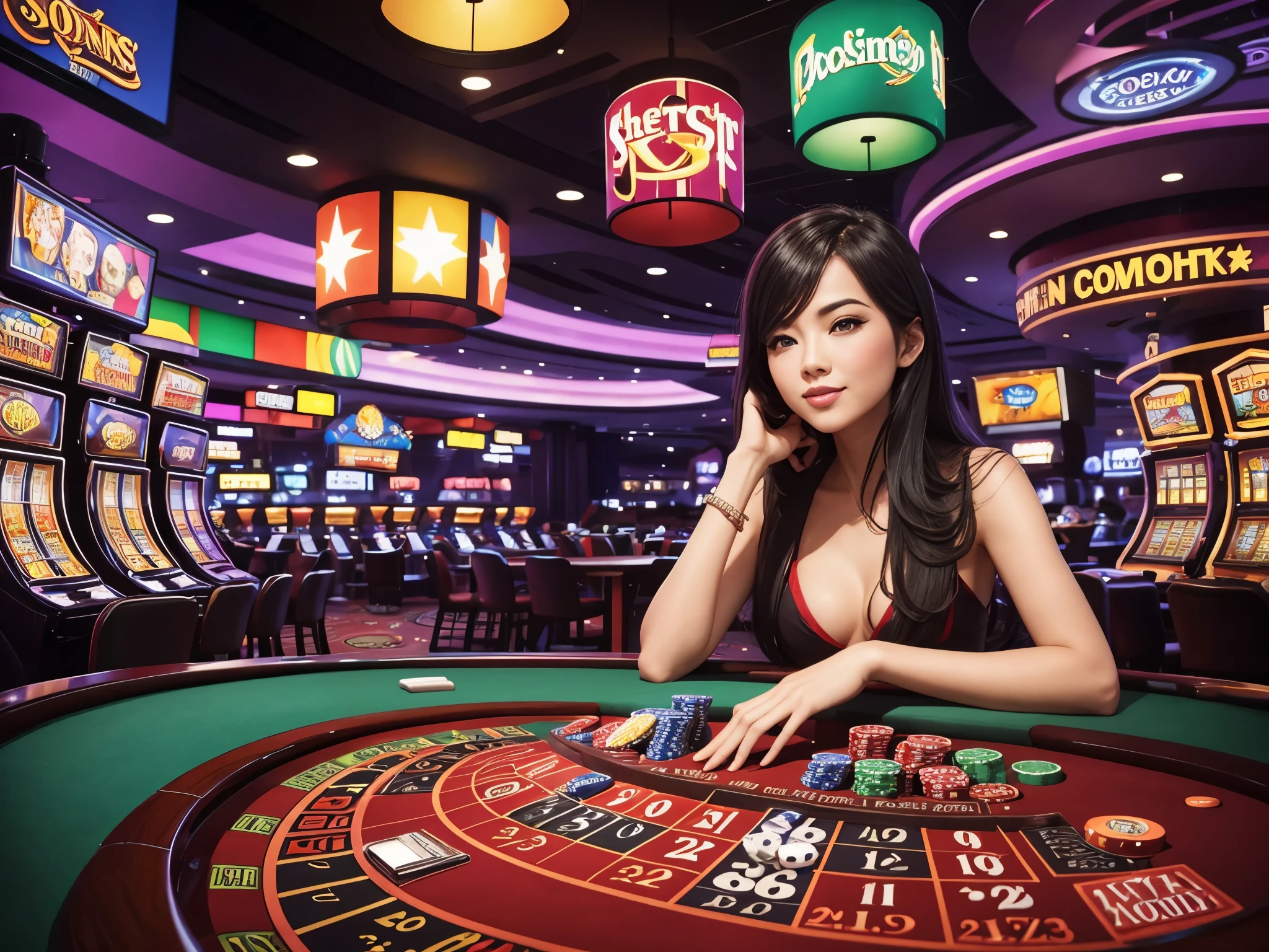 Highest quality, one beautiIul woman, Wearing black lace underwear, 35 mm lens, I/1, Cowboy Shot, ((random background,In casinos,VIP casino room, Modern Casino Console, Modern Slot Machines ):1.3), Ilat chest,