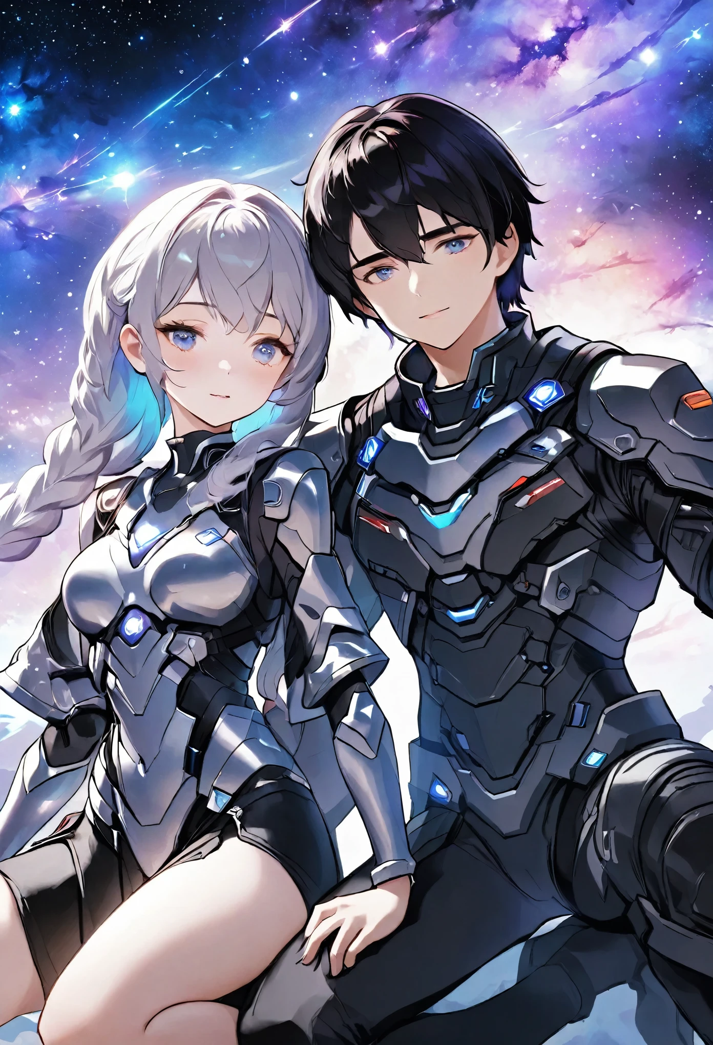 ((knee shot)), ((A boy and a yinji girl)), ((Long shot)), ((Armor, battle stance)), Two-man match, 4k ultra hd, masterpiece,  good face, detailed eyes, detailed lips, neon lights, Standing posture, (galaxy background:1.5), in the heaven,