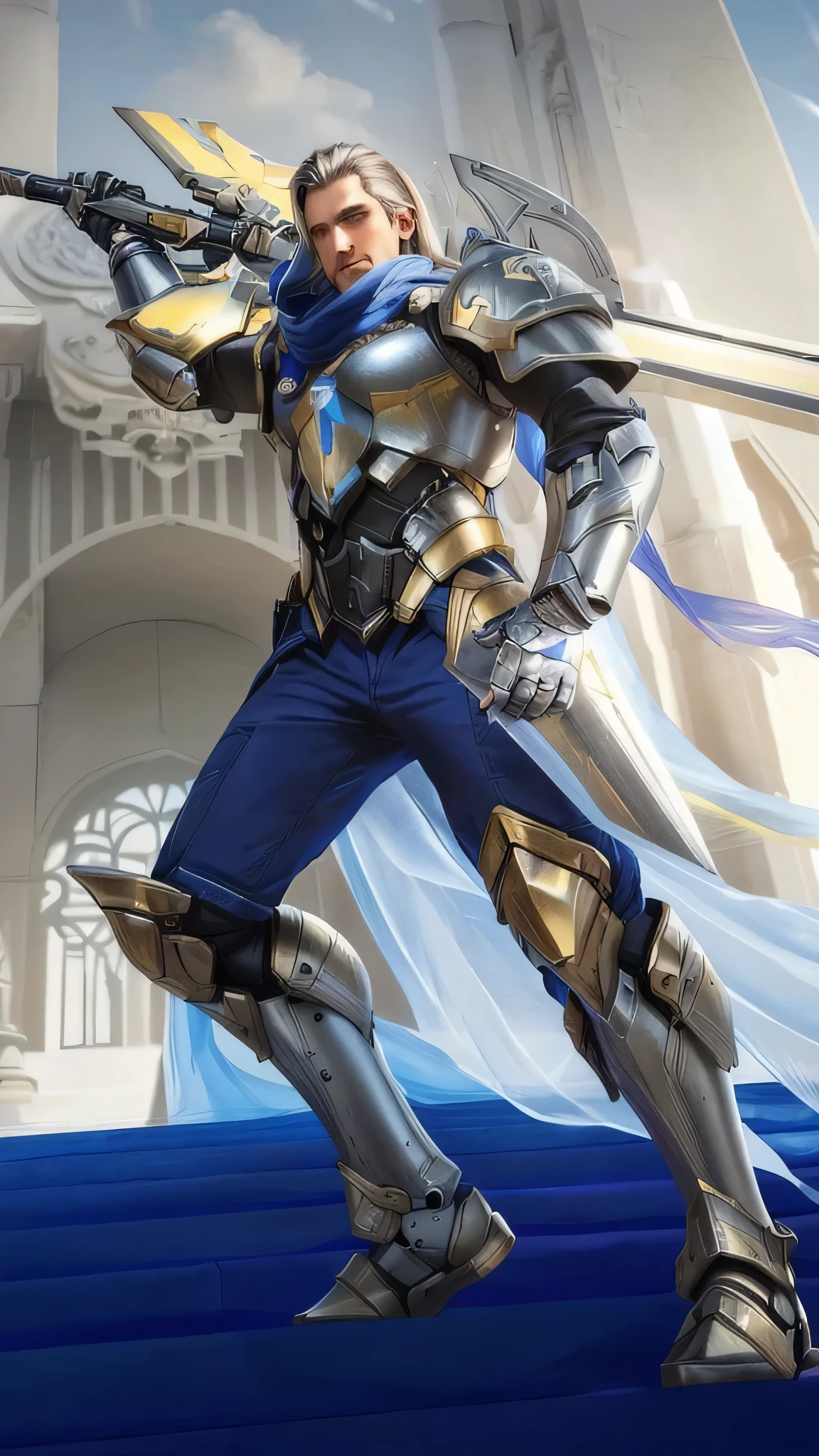 a man in armor holding a sword and standing on a blue carpet, pharah, realistic , pharah from overwatch, sigma from overwatch, masterpiece, {extremely detailed CG unity 8k wallpaper}, Amazing, finely detail, solo, detailed background, beautiful detailed eyes, cleavage, bright pupils, {{full body}, }, dynamic pose, looking at viewer, detailed clothes, cinematic lighting, close-up, best quality, Masterpiece quality, best quality, high_quality, high_resolution, masterpiece*portait, whitespace, colorful, 1boy, solo, black_hair, prism hair, realistic eyes, realistic eyes, blue eyes, full_body, realistic hand, realistic finger, good finger, real texture, real image, serious, masterpiece realistic