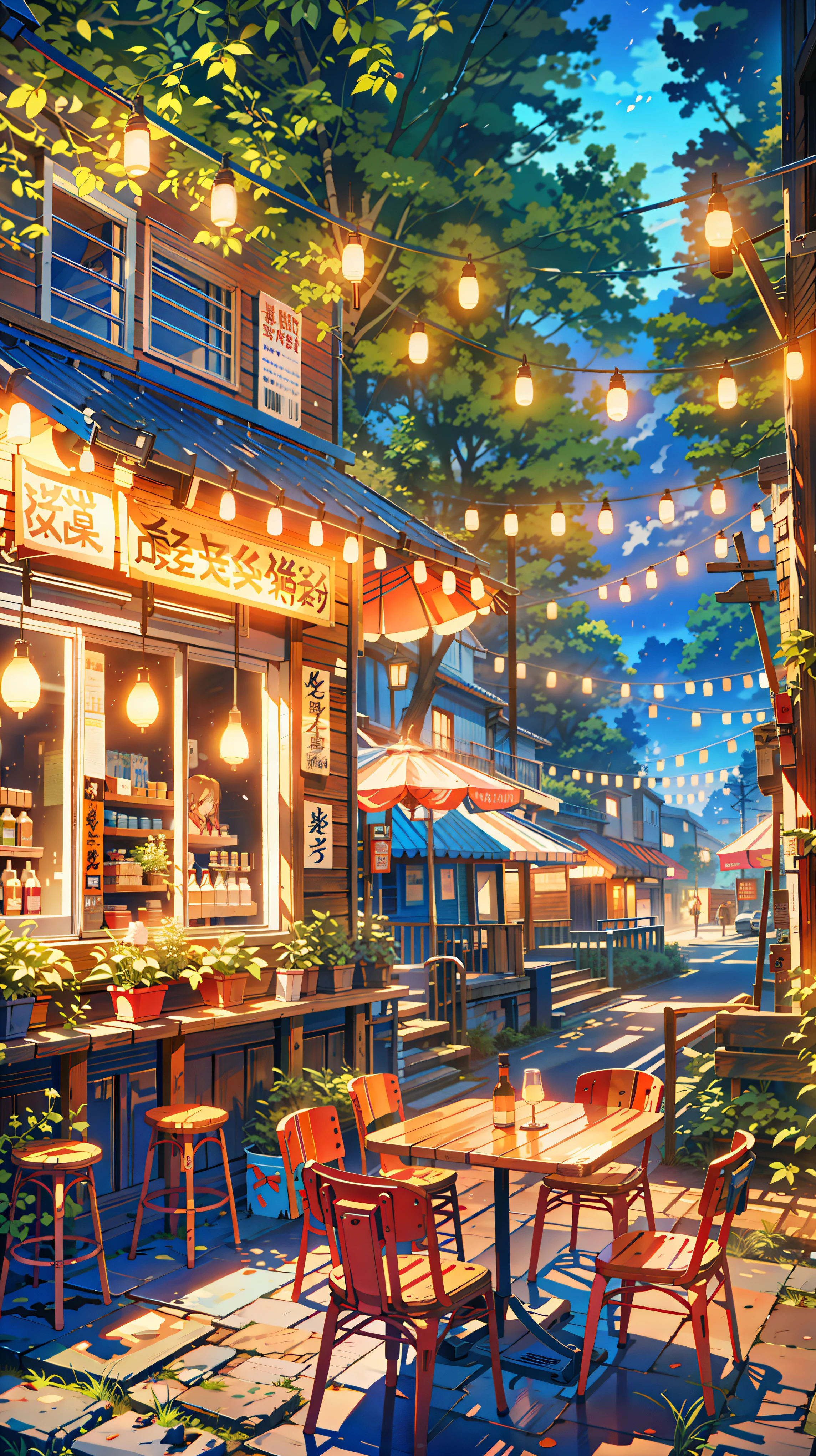 a street restaurant with tables and chairs in the woods, cozy cafe background, pleasant cozy atmosphere, anime atmospheric, dream atmosphere, cozy atmosphere, soft neon atmosphere, anime scenery, cgsociety 9, by Evgeny Lushpin, neon ambiance, dream - like atmosphere, neon ambience, dream-like atmosphere, beautiful kawaii lighting, anime asthetic, anime background, anime aesthetic, anime. by makoto shinkai, hd anime cityscape, anime scenery concept art, anime scenery, style of makoto shinkai, makoto shinkai art style, anime. by makoto shinkai, by Makoto Shinkai, by makoto shinkai, anime scenery, kyoto animation, 4k hd,, beautiful art uhd 4 k, a beautiful artwork illustration, beautiful digital painting, highly detailed digital painting, beautiful digital artwork, detailed painting 4 k, very detailed digital painting, rich picturesque colors, gorgeous digital painting, saturated, no human