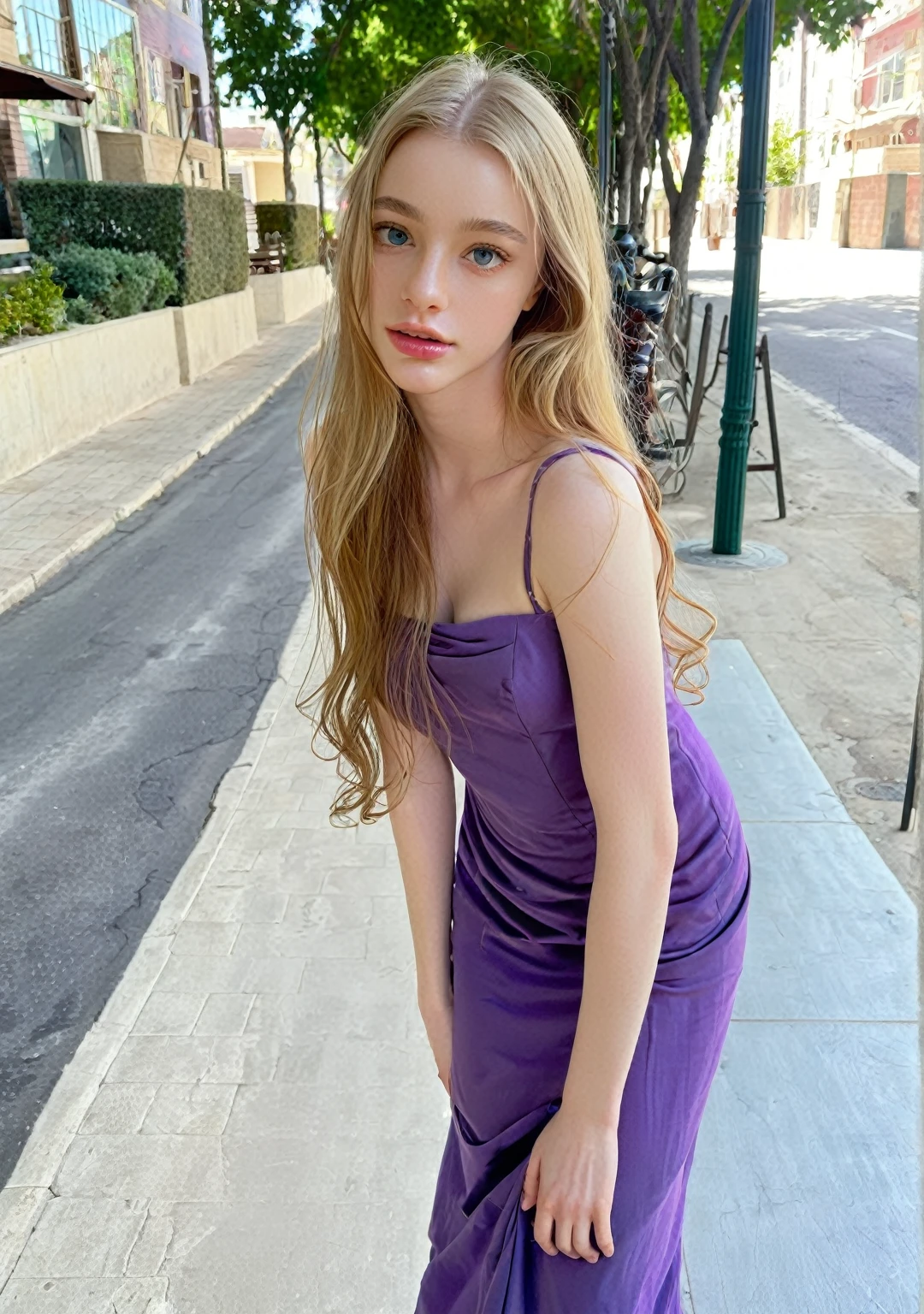 ((intricate details, pale skin)), solo, very detailed, detailed face, very long hair, picture of a beautiful young woman, dasha_taran, sfw, ((natural golden blonde hair, full color hair, well cared hair)), High Definition RAW Photography, 16k photography, (full body), standing, delicate facial features, pretty face, detailed full body, visible from head to knees, (bright sky-blue eyes:1.2), mesmerizing eyes, emotive longing expression, (cinematic, film grain:1.1), in a purple dress standing on a sidewalk, beautiful alluring woman, beautiful woman, seductive girl