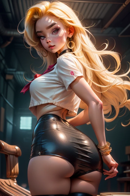 1girl,solo,(lovesome), makeup, (blond hair), (absurdly long hair), (hair tubes),bracelet,earrings, choker, (high quality), (best quality), sharp focus:1.2, ((masterpiece)),
hyper detailed, perfect face, detailed face, perfect curvy body,perfect dark eyes, detailed eyes,perfect female figure, detailed hands,narrow waist, narrow hips, narrow
waist, narrow hips, (dynamic poses), (wide hips:1.2, narrow waist, large ass, fit), (school uniform, skirt), ( black thigh highs), (rear cowboy shot)