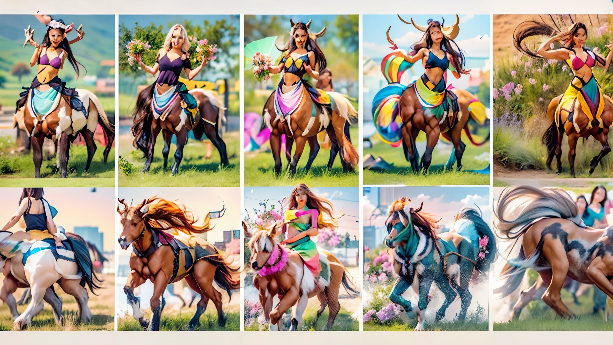 In the beautiful illustration of this super-grand scene,The ultra-distant lens shows us(More than eight distinctive and beautiful Centaur characters:2.7),Their personality、Distinctive and vivid features。from(A radiant, angelic, snow-white centaur from heaven:1.1),arrive(Nightmare-like fiery red centaur surrounded by flames:1.1)、再arrive(Green Centaur, the wind fairy dancing in the air:1.1)、再arrive有(One-horned blue centaur surrounded by lightning:1.1),arrive(A mechanical-style mecha Centaur shining with metallic light:1.1)、再arrive(A powerful dragon-shaped centaur wearing colorful dragon scale leather:1.1)、再arrive(A slender elven centaur that is graceful and agile:1.1)Gracefully wears a flower crown、arrive(Enchanting and charming Tiflin centaurs:1.1)、再arrive(A succubus centaur with an indescribably sexy feeling:1.1)。Each Centaur character fully demonstrates his unique style。The illustration uses advanced artistic techniques and tools,Use nesting、Weaving、Splicing、perspective、interlude、Montage and other artistic techniques,Divide the scene into sections by geometric arrangement,Each part corresponds to a role,from而更有效地利用了空间,Make eight centaurs exist in one picture at the same time,(The style tends to be grotesque、Hayao Miyazaki、Aesthetic、indescribable:3.3)。Through Midjourney's advanced brush tools、Color palette、Material packs和模型包、Texture tools,For each centaur, beautiful props are designed to increase racial characteristics、Clothing and physical features,Enhances the character's personality and visual appeal,(Stunning landscapes in illustrations,There are changing skies、rainbow、aurora、Stars and Moon,Incorporating iconic landmarks such as Mount Everest,and fireworks、Tranquil Lake、Natural and urban elements of waves and neon lights,Creates a magical atmosphere:1.5),Centaurs demonstrate their unique abilities and equipment in a variety of environments,This is true even in extreme alien landscapes。Use Midjourney's tools、Material packs、Texture tools、The color palette makes depicting details vivid and realistic,from复杂的发型和以及不同的种族特质、Body、Appearance features、服装arrive真实的纹理,Greatly improved the realism of the Centaurs and their surroundings,The fusion of multiple art styles adds dynamism to the character's movement at all angles,The overall visual experience is further enriched。The final illustration was described as a "masterpiece",It has the characteristics of "best quality" and "realistic",The details put into the creative process are shown、Level of creativity and craftsmanship。 hdr,(Reality,Masterpiece quality,Best quality)