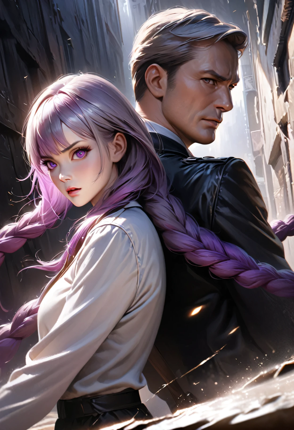 realistic cinematic spy thriller poster, a couple of spies back to back, man and woman standing back-to-back looking at the viewer, yinji , purple hair,purple eyes,very long hair,grey hair,double braid,gradient hair, high contrast lighting, dramatic shadows, intense facial expressions, covert mission, secret agents, cold war era, action, suspense, intrigue, (best quality,4k,8k,highres,masterpiece:1.2),ultra-detailed,(realistic,photorealistic,photo-realistic:1.37),chiaroscuro lighting, moody atmosphere, cinematic composition, bold color palette, striking poses, tense body language, adventure, mystery, danger