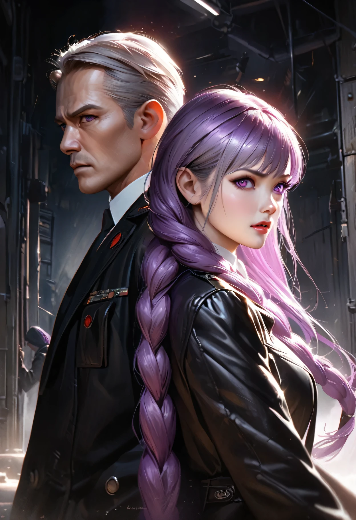 realistic cinematic spy thriller poster, a couple of spies back to back, man and woman standing back-to-back looking at the viewer, yinji , purple hair,purple eyes,very long hair,grey hair,double braid,gradient hair, high contrast lighting, dramatic shadows, intense facial expressions, covert mission, secret agents, cold war era, action, suspense, intrigue, (best quality,4k,8k,highres,masterpiece:1.2),ultra-detailed,(realistic,photorealistic,photo-realistic:1.37),chiaroscuro lighting, moody atmosphere, cinematic composition, bold color palette, striking poses, tense body language, adventure, mystery, danger