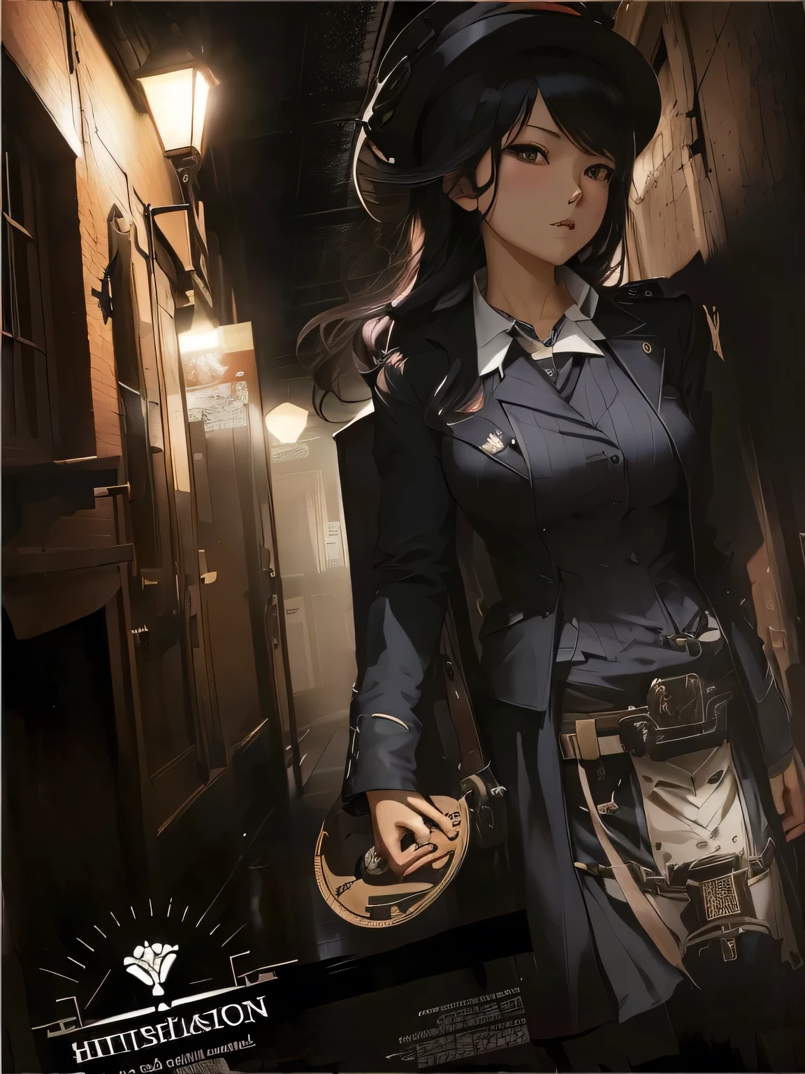 British vintage corridor with lanterns、anime character wearing hat, Black detective and fedora, Inspired by Yamagata Hiroshi, Illustration by Shigenori Soejima, author:Yukika Kosaka, detective uniform, Zerocha art, key point, Zerocha, Inspired by Yukihiko Yasuda, Akihiko Inoue and Ross Tran, Amazing wallpapers,a long hallway,British vintage