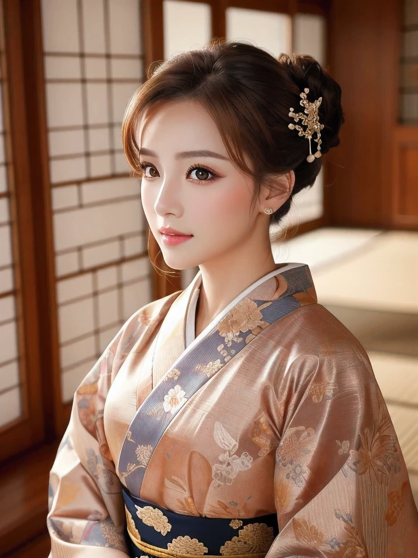 masterpiece, highest quality, High resolution, wallpaper, realistic, (bright lighting:1.4), professional lighting, face light, smooth lighting, (shoot from front:1.8), 1 girl, full body,(in beautiful calm color kimono:1.5), Tea ceremony, Tea ceremony room, cute, sleepy, open mouth to say something, shy, Beautiful girl, sexy, super beautiful, beautiful skin, beautiful and detailed eyes、detailed face、slim、moderately, half updo, brunette colored hair, brown eyes, Professional Photography, Portrait,