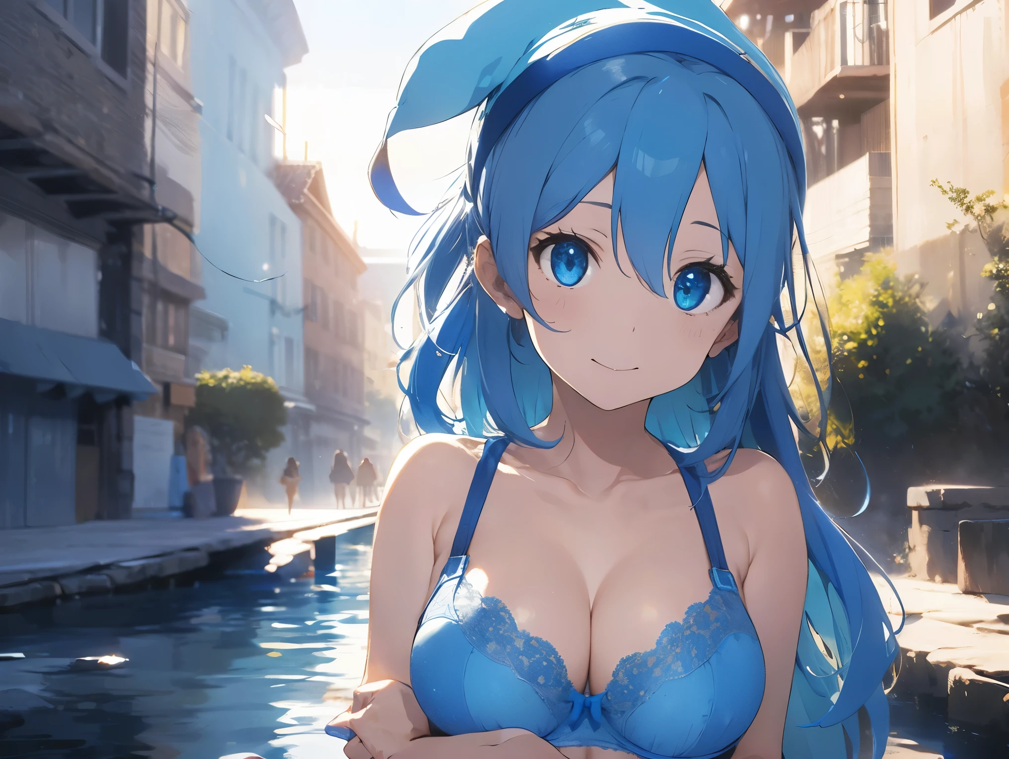 Wearing a cute blue bra on her head