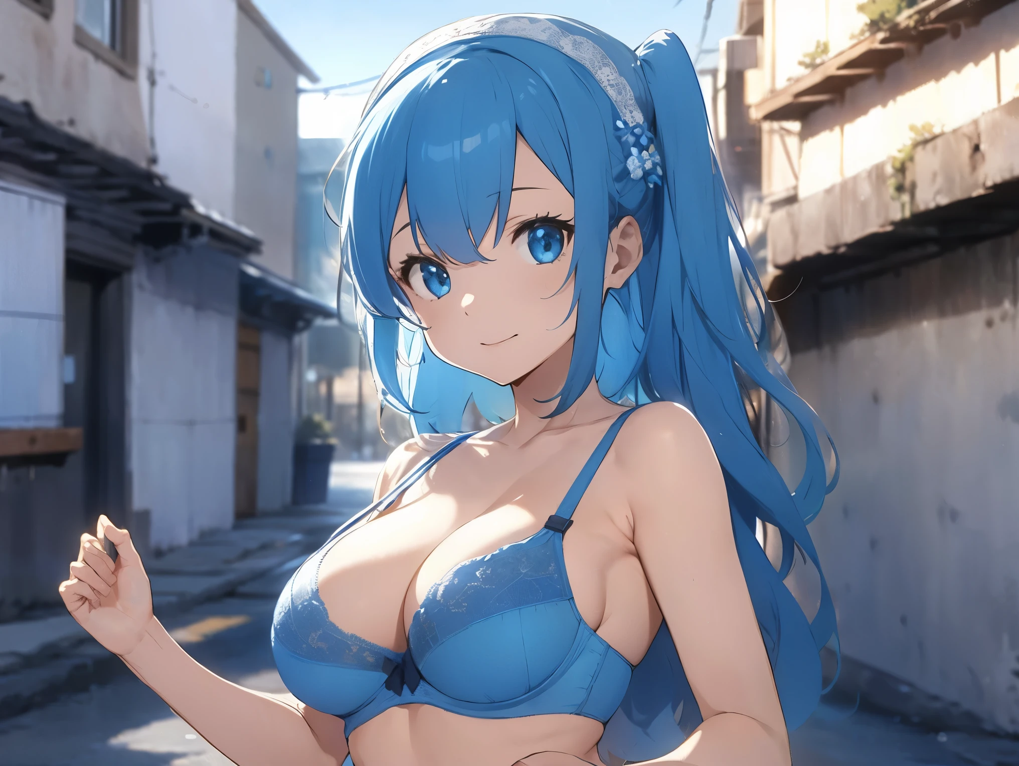Wearing a cute blue bra on her head