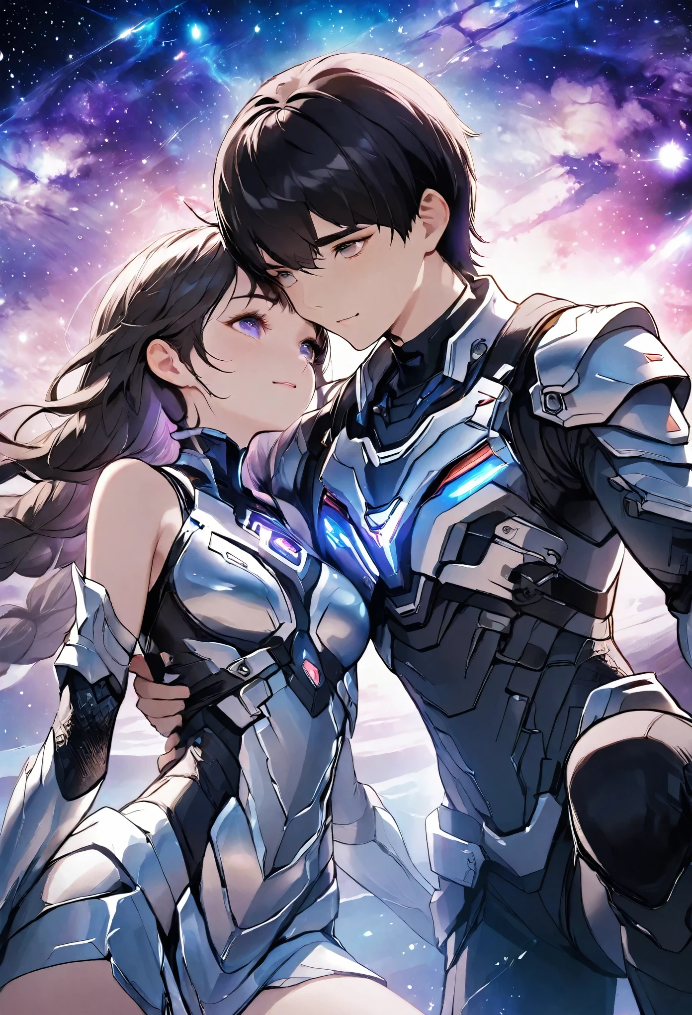 ((full body)), ((A boy and a yinji girl)), ((Long shot)), ((Armor)), ((Lie flat on the ground and embrace)), Two-man match, 4k ultra hd, masterpiece, good face, detailed eyes, detailed lips, neon lights, (galaxy background:1.5), in the heaven, Dissolving is correct