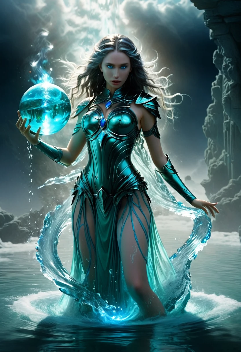 ((best quality)), ((masterpiece)), (detailed), perfect face, Aphrodite as warrior princess, holding an orb, in wrath, mythical scene , water wrapped around body, full body armour, perfect body, perfect face, perfect hands, hold an blue flames astral orb, submerged in the water, blue flames eyes, wavy long hair, body exposed, disclose, ethereal dragon, ethereal water, ethereal, massive smoke, blue-green smoke, feet on clouds, UHD, ultra detailed, hyper realistic, surrealism, epic realism, shiny body, mystical glow,