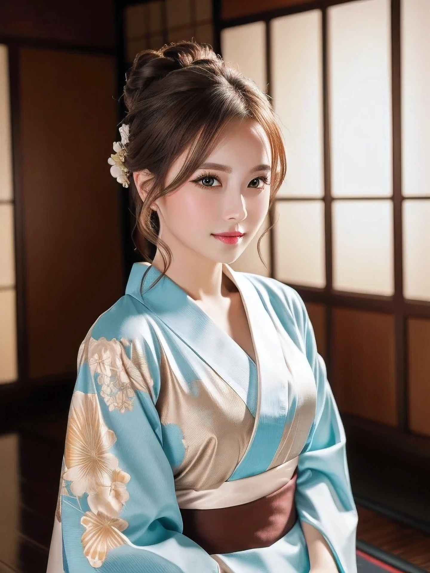 masterpiece, highest quality, High resolution, wallpaper, realistic, (bright lighting:1.4), professional lighting, face light, smooth lighting, (shoot from front:1.8), 1 girl, full body,（in beautiful calm color kimono:1.5),  Tea ceremony, Tea ceremony room, cute, sleepy, open mouth to say something, shy, Beautiful girl, sexy, super beautiful, beautiful skin, beautiful and detailed eyes、detailed face、slim、moderately, half updo, brunette colored hair, brown eyes, Professional Photography, Portrait, 