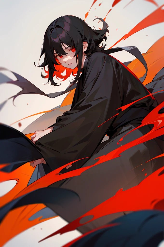 The black-haired, red-eyed man had strange characters in his eyes., Long black robe, 24 year old male, Have a calm, smooth expression., Cold sight