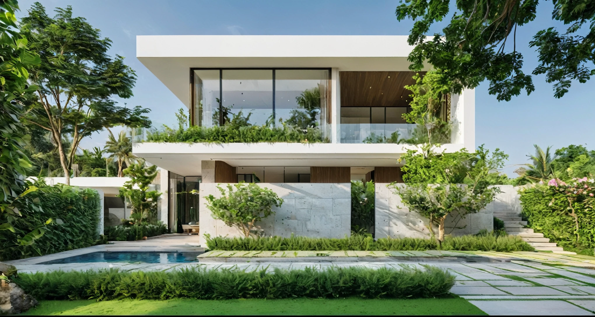 Realistic photo render 4k. A modern garden villa is a luxurious residence that seamlessly blends contemporary design with the natural beauty of lush greenery. This type of villa typically features sleek architectural lines, large glass windows, and open-plan living spaces that create a sense of spaciousness and light. The exterior of the villa is often designed to harmonize with the surrounding environment, using materials such as stone, wood, and metal to create a sophisticated yet inviting appearance.

Surrounding the villa, you would find a beautifully landscaped garden filled with a variety of trees, plants, and flowers. These gardens are meticulously planned to provide a tranquil and picturesque setting, with winding pathways, serene water features, and carefully placed outdoor seating areas where residents can relax and enjoy the natural surroundings.

The interior of the villa is designed to offer comfort and luxury, with high-end finishes, modern furnishings, and state-of-the-art amenities. Large sliding doors and windows allow for seamless indoor-outdoor living, connecting the interior spaces with the garden. The living areas are typically open and airy, with plenty of natural light, and the bedrooms offer private retreats with views of the garden.

In addition to the main living areas, a modern garden villa might also include additional features such as a private swimming pool, a rooftop terrace, a home office, and a gym. The overall design emphasizes a balance between modern aesthetics and the tranquility of nature, creating a perfect sanctuary for those who appreciate both contemporary living and the beauty of the outdoors. 