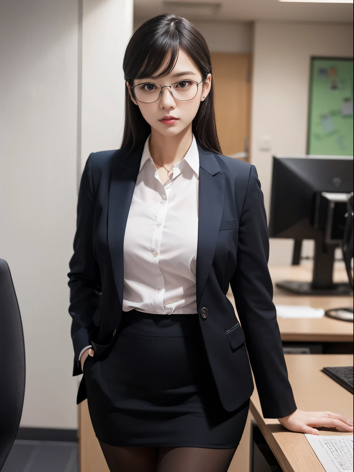 alone、solo、A 20-something office lady in an office uniform poses for a photo、(Black Pantyhose)、(Half Up)、victory、Tsundere、Single knot、OL、suit、Blue mall face、anger、、Glasses、Slim girl model photo、Body:The smallest middle-aged man in history、Female Model、Japanese female fashion model、(8K、RAW Photos、Highest quality、masterpiece:1.2)、(Real、Photorealistic:1.37)、Ultra high definition、Ultra high definition、Office Street、Standing position、whole body、((((SEXY)))