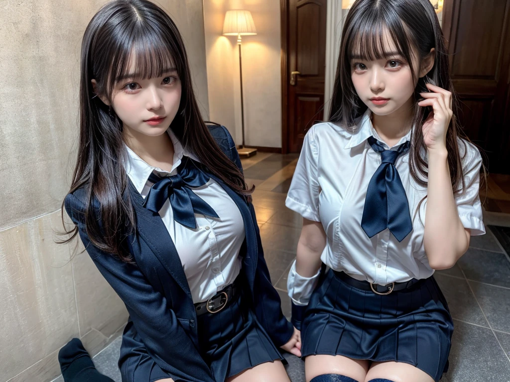 (8K, Raw photography, top-quality, masterpiece:1.2), master piece, best quality, illustration, Super detailed, fine details, High resolution, 8K,wall paper, perfect dynamic composition,(Details High quality, realistic depiction of eyes:1.3), ((2 girls, 2 schoolgirls)), The background is a luxury hotel room、High school girl uniform、blazer 、Super Short Check Uniform Skirt、Navy blue high socks、garterbelts、Colossal tits、Disturbed uniform, Play with each other,Touching each other's bodies,Touching the body of the girl next door, short bob hair, black hair color, huge breasts, Big Natural Color Lip, bold sexy pose, (perfect body shape), crying a little、cold gaze, Beautiful makeup,glitter makeup,Cutest 18 years old, beautiful legs, hposing Gravure Idol, Voluptuous thighs