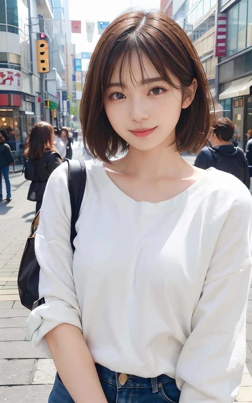 Cute 21 year old Japanese、city、shopping、Super detailed face、Pay attention to the details、double eyelid、Beautiful thin nose、Sharp focus:1.2、Beautiful woman:1.4、(Light brown hair,short hair、),Pure white skin、highest quality、masterpiece、Ultra-high resolution、(Photorealistic:1.4)、Highly detailed and professional lighting、nice smile、Show your whole body、Cute autumn clothes、