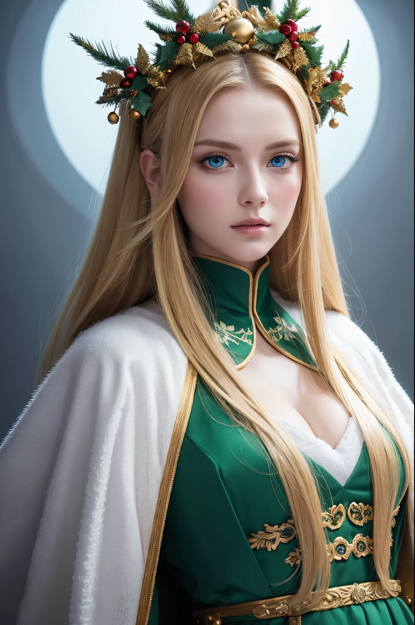 Portrait of a beautiful empress, Blonde Hair, Perfect Blue Eyes, wonderful, An incredibly impressive large Christmas headpiece, Clothing Santa Robe, All about Christmas, snow, Symmetric, Dramatic studio lighting, Rococo, Baroque, green, Asian, Hyperrealism, close, d&d, Fantasy, Complex, elegant, Very detailed, Digital Painting, Art Station, Octane Rendering, 8k, Concept Art, mat, Sharp focus