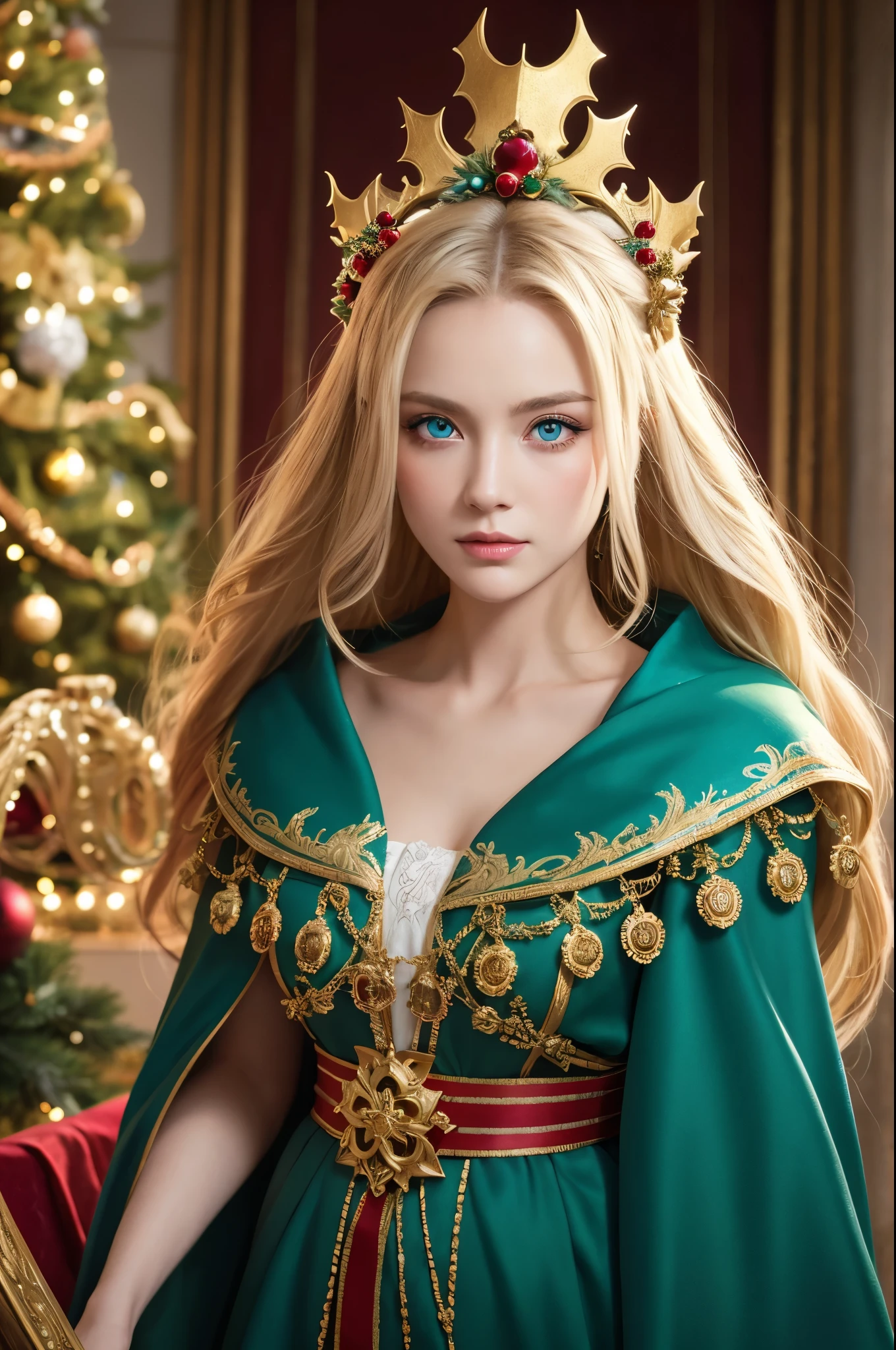 Portrait of a beautiful empress, Blonde Hair, Perfect Blue Eyes, wonderful, An incredibly impressive large Christmas headpiece, Clothing Santa Robe, All about Christmas, snow, Symmetric, Dramatic studio lighting, Rococo, Baroque, green, Asian, Hyperrealism, close, d&d, Fantasy, Complex, elegant, Very detailed, Digital Painting, Art Station, Octane Rendering, 8k, Concept Art, mat, Sharp focus