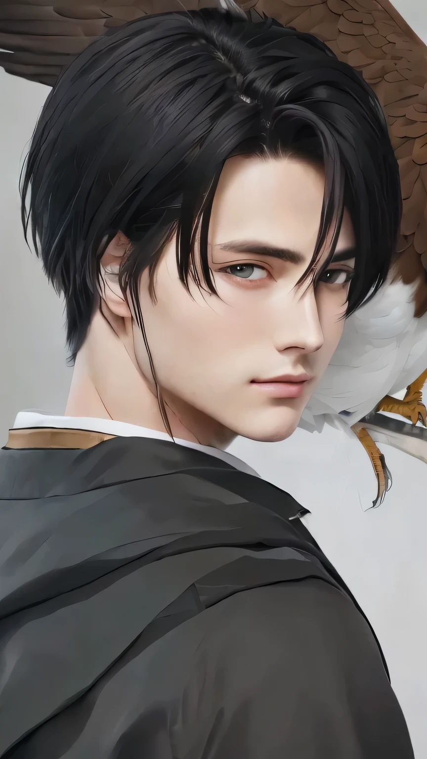 Handsome image of a man with a bird on his shoulder, levi ackerman, portrait of eren yeager.