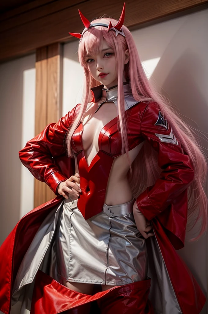 Highly detailed background, masterpiece, highest quality, One girl, alone, ((masterpiece, highest quality)),Best aesthetics, Zero Two (Darling in the Franxx), Darling in the Franxx, bangs, bite, blush, Covered navel, eye shadow, Green Eyes, Hair on the back of the head, Hands on hips, horn, smile, Long Hair, View Viewer, compensate, Medium chest, Pilot Suit, Red suit, Pink Hair, red eye shadow, SF, Fits perfectly to the skin, 