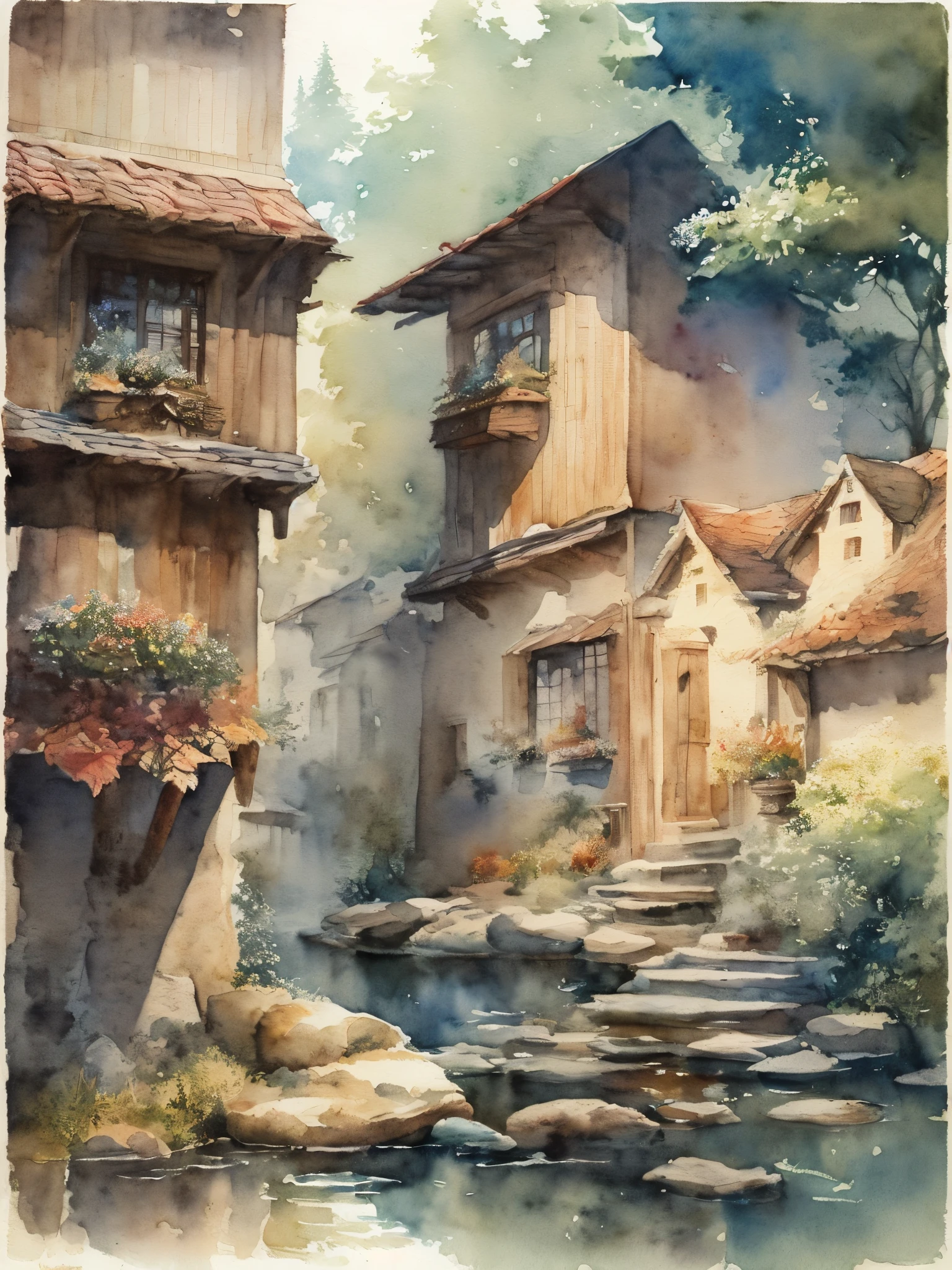 ((Watercolor)),Landscape painting painted in watercolor,Gentle colors,miaobishenghua,Use watercolors and colored pencils,intricate details,very fine details,delicate touch,Bleeding characteristic of watercolor paints,masterpiece,incredibly absurd,beautiful light and shadow