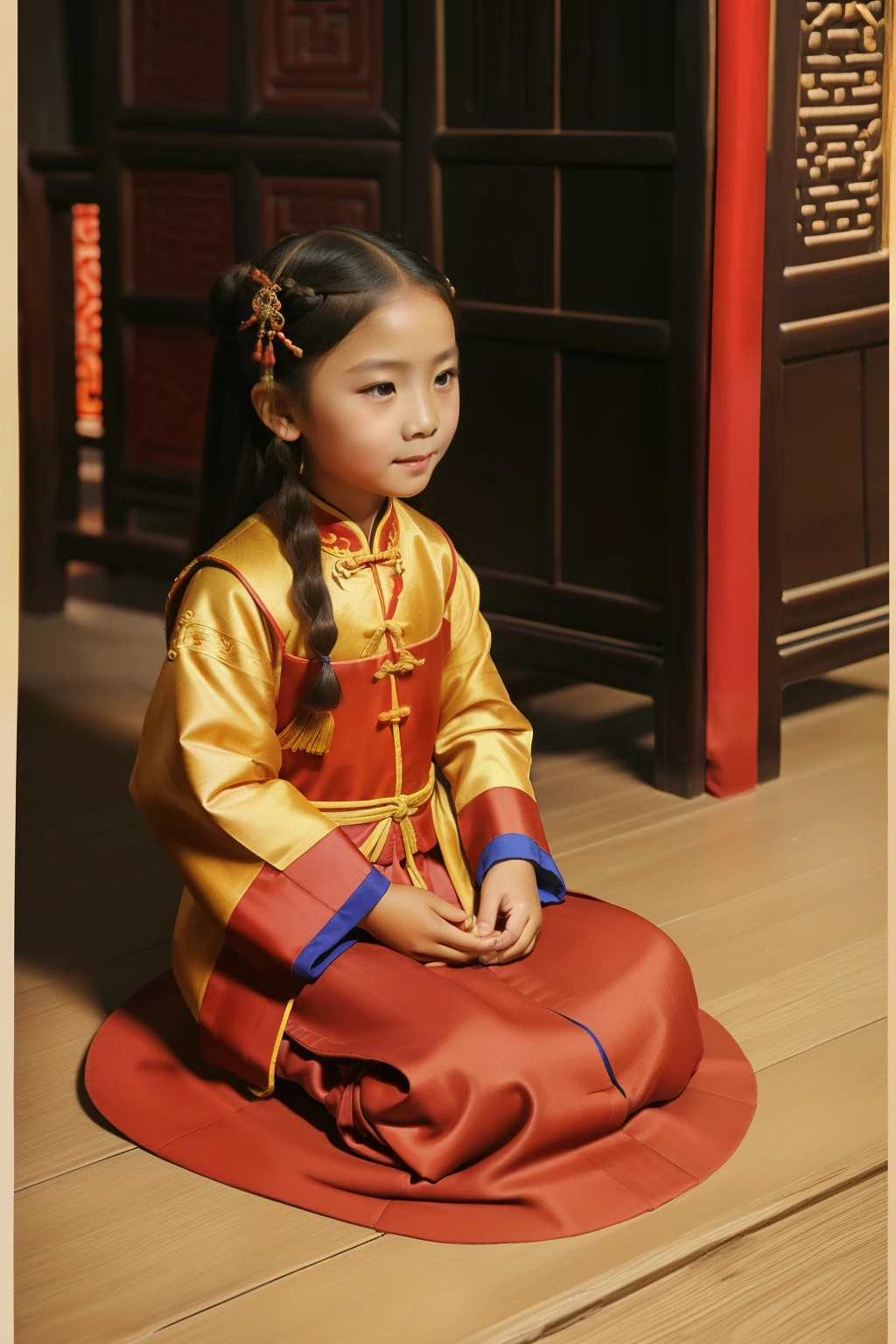China, 1469. A little ((((8--old)an Yunxian)), kneeling down, ((((chinese clothings from the 1460s)))), ((hairstyle of the 1460s)), ((colorful))