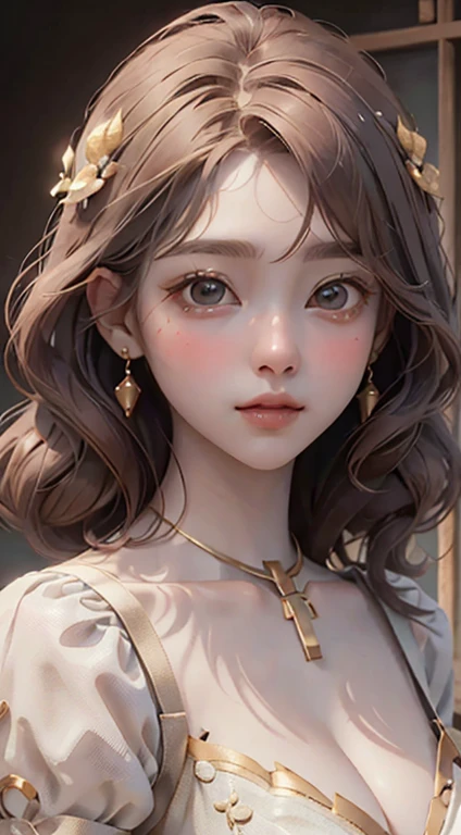 highest quality, masterpiece, (Realistic: 1.2), 1 girl, Slim girl, Redhead, Brown eyes, front, Detailed face, Beautiful Eyes, Brown eyes, Big eyes, Small breasts, Cleavage, Long dress、Beauty、Dresses with frills、Gold and silver decorationA beautiful, slim redheaded girl with brown eyes, detailed face and features, large expressive eyes, small bust, cleavage, wearing a long frilly dress with gold and silver decorations, masterpiece, best quality, 4k, 8k, photorealistic, realistic:1.2, portrait