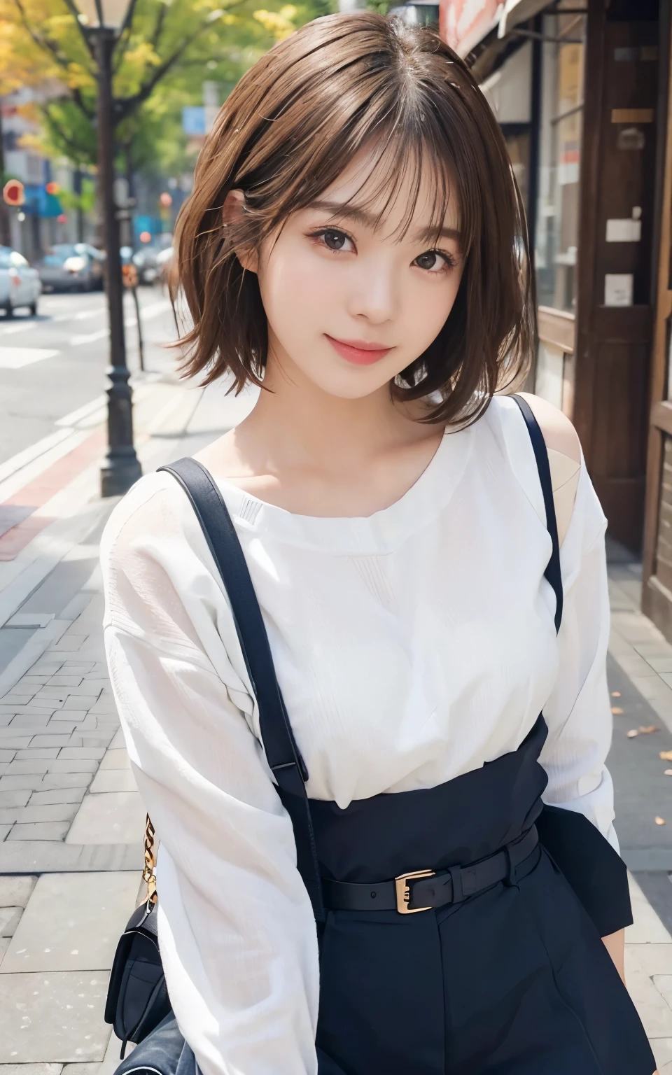 Cute 21 year old Japanese、city、shopping、Super detailed face、Pay attention to the details、double eyelid、Beautiful thin nose、Sharp focus:1.2、Beautiful woman:1.4、(Light brown hair,short hair、),Pure white skin、highest quality、masterpiece、Ultra-high resolution、(Photorealistic:1.4)、Highly detailed and professional lighting、nice smile、Show your whole body、Cute autumn clothes、