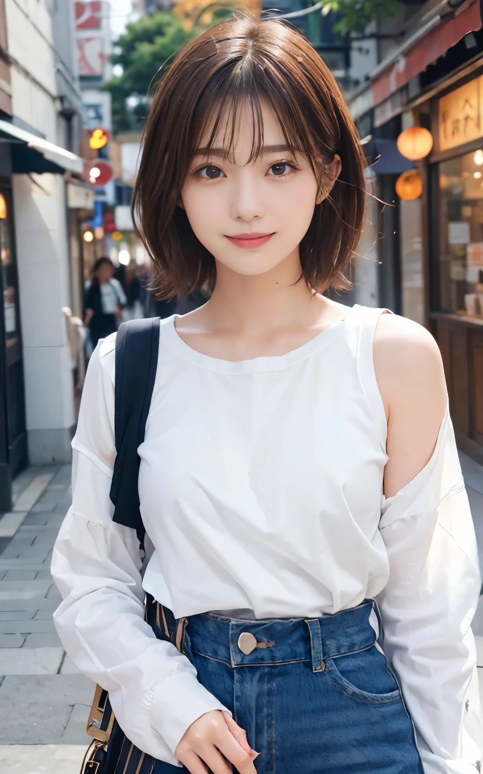 Cute 21 year old Japanese、city、shopping、Super detailed face、Pay attention to the details、double eyelid、Beautiful thin nose、Sharp focus:1.2、Beautiful woman:1.4、(Light brown hair,short hair、),Pure white skin、highest quality、masterpiece、Ultra-high resolution、(Photorealistic:1.4)、Highly detailed and professional lighting、nice smile、Show your whole body、Cute autumn clothes、