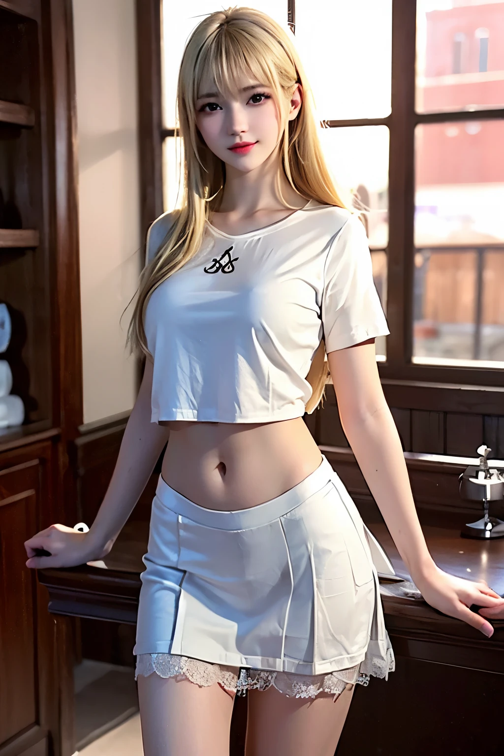 ((Realistic lighting, Best quality, 8K, Masterpiece: 1.3)), Clear focus: 1.8, 1 Pretty girl charming Russian model Nata Lee, ((Idol CPOP: 1.erfect beauty: 1.4, Slim abs: 1.1, ((Light blonde hair)), exquisite facial features, body Tshirt, fantasy XIV, Short skirts, slim figure, (indoor, Night: 1.3), Five star Hotel view, Super fine face, Fine eyes, Double eyelids,