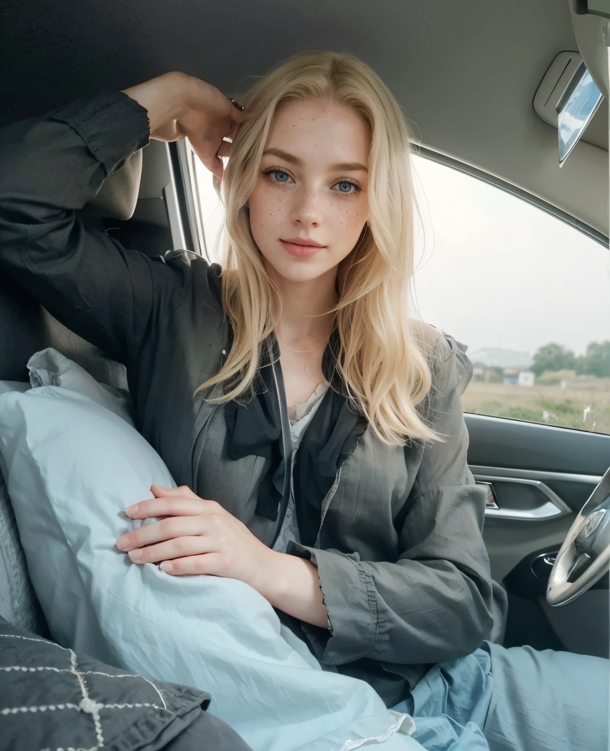 mulher, americana, 25 anos, pale skin and freckles, olhos cinzas, nariz delicado, soft and delicate lips, longo, cabelo blondie longo e ondulado na altura da cintura, sorriso meigo, face with delicate feminine facial features, altamente renderizado