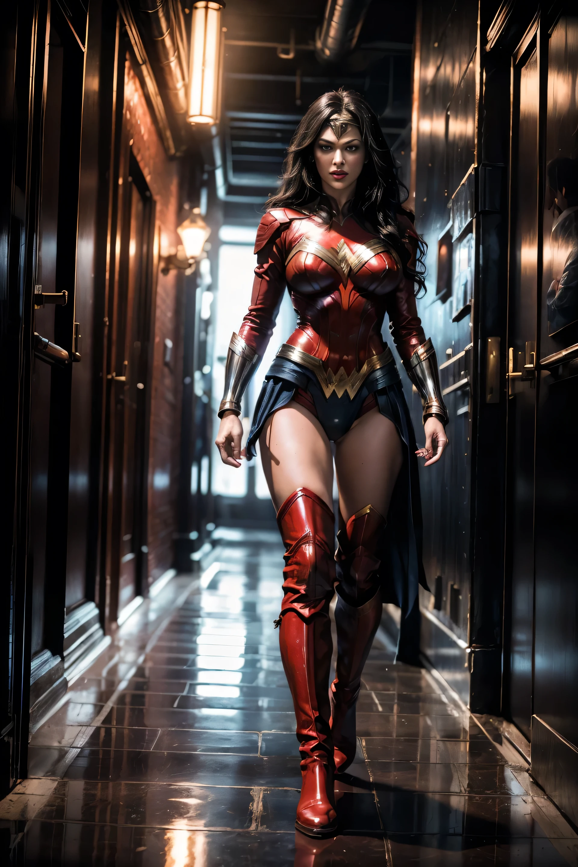 full body superheroine Wonder Woman, long black hair, bangs, parted bangs, furrowed brow, makeup,  brown eye, red lips, large breast, angry, red and blue leather suit of armor, tall leather boots, walking through a narrow corridor of a terrifying maze, twilight, dense fog , dirty floor with a startled expression Hyperrealism, depth of field, cinematic lighting, from side, 35mm, Eye-Level Shot, masterpiece, anatomically correct, 8k