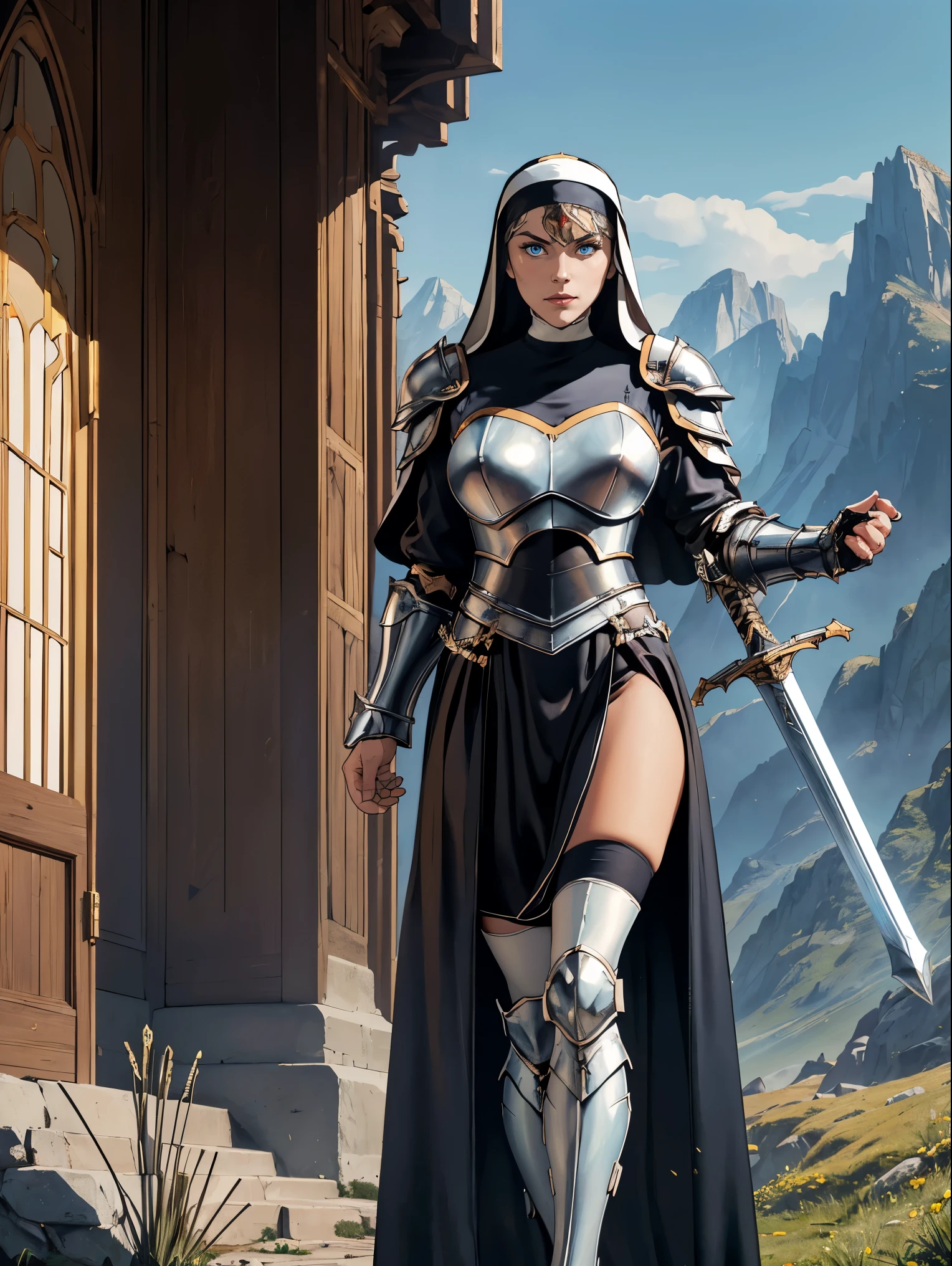 (masterpiece, top quality, best quality, official art, beautiful and aesthetic:1.2), (1girl:1.3), ((Sharp facial features, sharp features, hawkish features)), ((blue eyes)), busty brunette paladin knight girl, extremely detailed, portrait, looking at viewer, solo, (full body:0.6), detailed background, full-body shot, (warm mountain meadow theme:1.1), holy knight, (nun), charlatan, smirk, mysterious, swaying in mountains, armor, polished metal, gold trim, long boots, white fabric, pelvic curtain, robe, pale leather, ((((nun, greatsword, corona, holy aura, heavy armor, armored, long legs, pelvic curtain, toned, muscular)))), slim waist, slim hips, long legs, medieval (mountain exterior:1.1) background, dark mysterious lighting, shadows, magical atmosphere, dutch angle