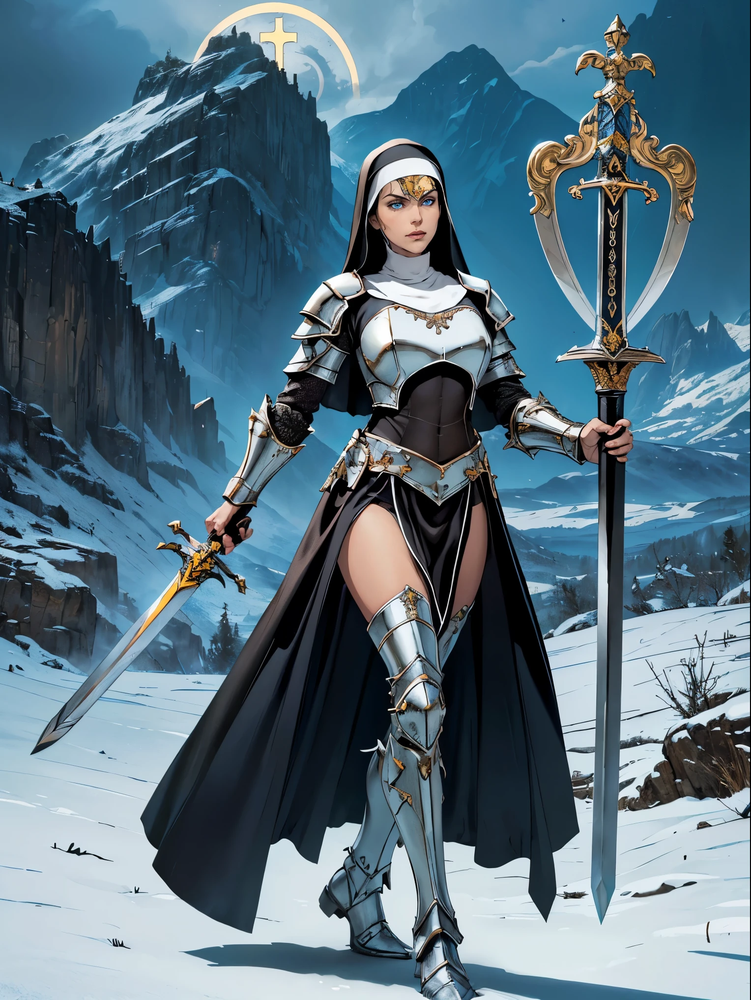 (masterpiece, top quality, best quality, official art, beautiful and aesthetic:1.2), (1girl:1.3), ((Sharp facial features, sharp features, hawkish features)), ((blue eyes)), busty brunette paladin knight girl, extremely detailed, portrait, looking at viewer, solo, (full body:0.6), detailed background, full-body shot, (warm mountain meadow theme:1.1), holy knight, (nun), charlatan, smirk, mysterious, swaying in mountains, armor, polished metal, gold trim, long boots, white fabric, pelvic curtain, robe, pale leather, ((((nun, greatsword, corona, holy aura, heavy armor, armored, long legs, pelvic curtain, toned, muscular)))), slim waist, slim hips, long legs, medieval (mountain exterior:1.1) background, dark mysterious lighting, shadows, magical atmosphere, dutch angle
