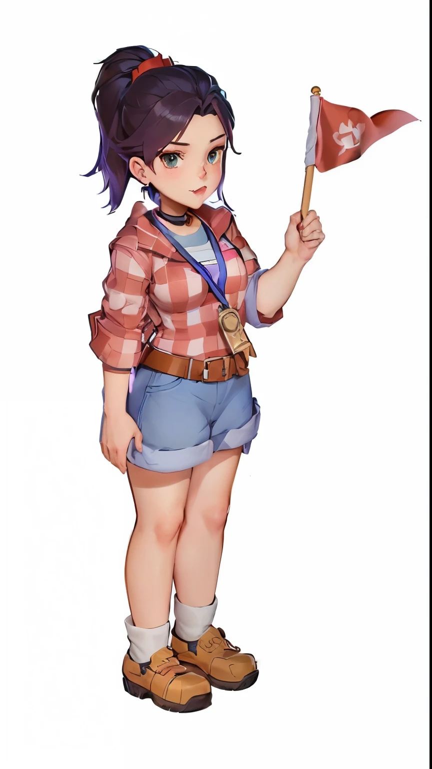 Cartoon girl holding a red flag and badge, Abigail in Stardew Valley, Actress, Actress 👀 :8, Visual Novel Genie, Misty from Pokemon, Official Character Art, Full body portrait, Short full-body portrait!, Full body portrait, Full body portrait, ( ( Character Concept Art ) ), Final Fantasy Tactics Characters, JRPG characters