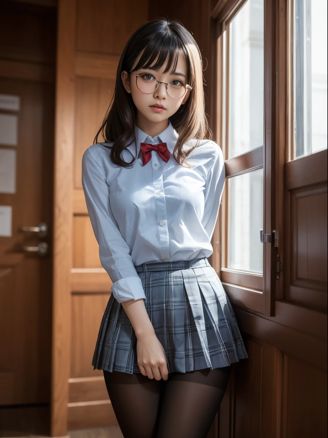 (8K、Raw photography、top-quality、masterpiece:1.2),Bullish,Muchimuchi,Erotic,Pupils,Light Blue Bra,de pele branca,kne,(Black pantyhose),absurderes,a small face,,flat breast,Parting the bangs from the middle、Forehead visible,(a cold expression,Tight eyes,glares,Bullish,skinny,Rasping,irate)、masterpiece,top-quality、超A high resolution,Raw photo,ren,Beautiful fece,One Person, solo,eye glass,,Dark look,Small breasts,fullllbody,Round glasses、cute little、JK ,hi-school girl,A Japanese Lady,is standing,(Photorealsitic:1.37)、Photon mapping,Realistic、Cute little face,Brown-eyed、Black socks、(Red bow tie)、Radio City、Physically Based Rendering、Foreground、depth of fields、Blurry background、a picture,The girls、Body,beauty legs, Long legs, Thin leg,(shorttwintail),(Bangs are visible), hair, s lips, Blue_The eye, nosesoft,(Light blue shirt), (Navy and blue and white plaid pleated skirt), Knees are visible,Sheer clothing,, Thigh, Black cotton socks,Nogizaka Idol, , Japanese ido