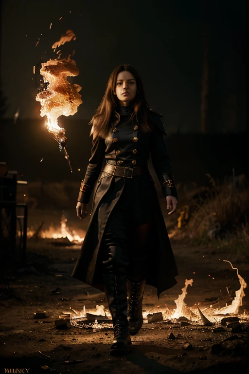 Cinematic portrait of Woman sorcerer walking through a fiery scene,wearing black clothes uniforme, military gothic fantasy uniforme, Warhammer, fire sparks flyong everywhere, glint of dying sunlight, full body shot, long exposure effect, flames, high contrast color palette 