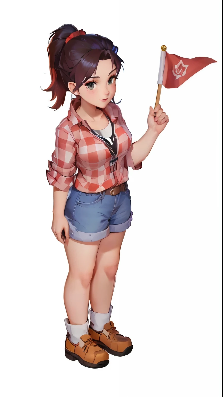 cartoon girl holding a red flag,Wear a plaid shirt， Abigail in Stardew Valley, Actress, Actress 👀 :8, Visual Novel Genie, Misty from Pokemon, Official Character Art, Full body portrait, Short full-body portrait!, Full body portrait, Full body portrait, ( ( Character Concept Art ) ), Final Fantasy Tactics Characters, JRPG characters