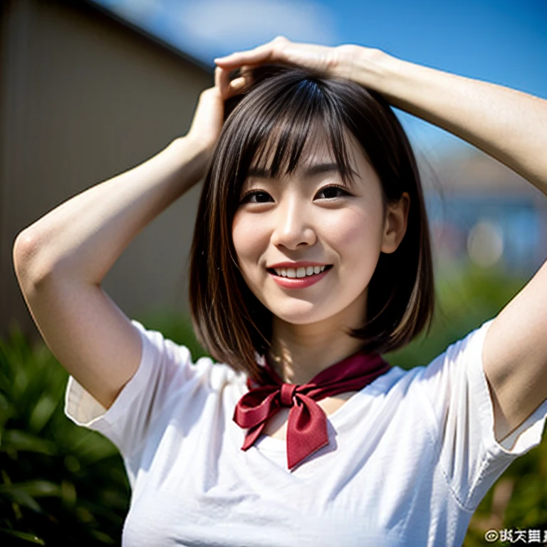 (8ก, raw photos, best quality, Masterpiece:1.2), (realistic, photo-realistic:1.37), very detailed,
1 woman,cute, alone,Beautifully detailed sky,Detailed cafe,nighttime,sit,Dating,(nose blush),(smile:1.1),(gag),big breasts, seductive smile, wide aperture, professional lighting, Sony A7R4, 50mm sessile lens. F1.8,,Fold your arms behind your head.:1.5,Mole under the eye:1.2 medium sized breasts,Beautifully detailed eyes,(Sexy dark orange t-shirt:1.1), bow tie,pleated skirt,(short hair:1.2),floating hair