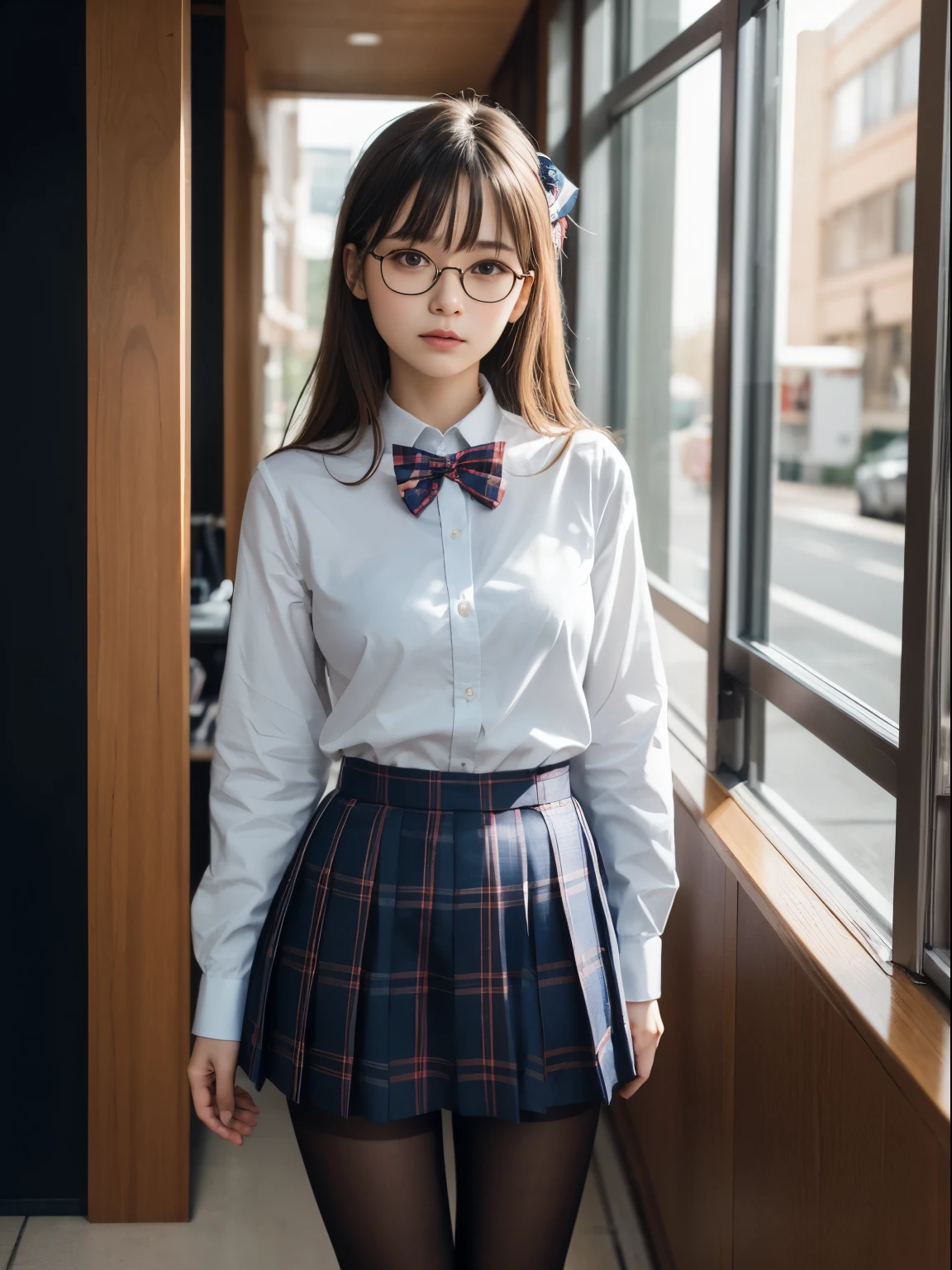 （8K、Raw photography、top-quality、​masterpiece：1.2),Bullish,Muchimuchi,Erotic,Pupils,Light Blue Bra,de pele branca,kne,(Black pantyhose),absurderes,a small face,,flat breast,Parting the bangs from the middle、Forehead visible,(a cold expression,Tight eyes,glares,Bullish,skinny,Rasping,irate)、​masterpiece,top-quality、超A high resolution,Raw photo,ren,Beautiful fece,One Person, solo,eye glass,,Dark look,Small breasts,fullllbody,Round glasses、cute little、JK ,hi-school girl,A Japanese Lady,is standing,（Photorealsitic：1.37）、Photon mapping,Realistic、Cute little face,Brown-eyed、Black socks、(Red bow tie)、Radio City、Physically Based Rendering、Foreground、depth of fields、Blurry background、a picture,The girls、Body,beauty legs, Long legs, Thin leg,(shorttwintail),(Bangs are visible), hair, s lips, Blue_The eye, nosesoft,(Light blue shirt), (Navy and blue and white plaid pleated skirt), Knees are visible,Sheer clothing,, Thigh, Black cotton socks,Nogizaka Idol, , Japanese ido