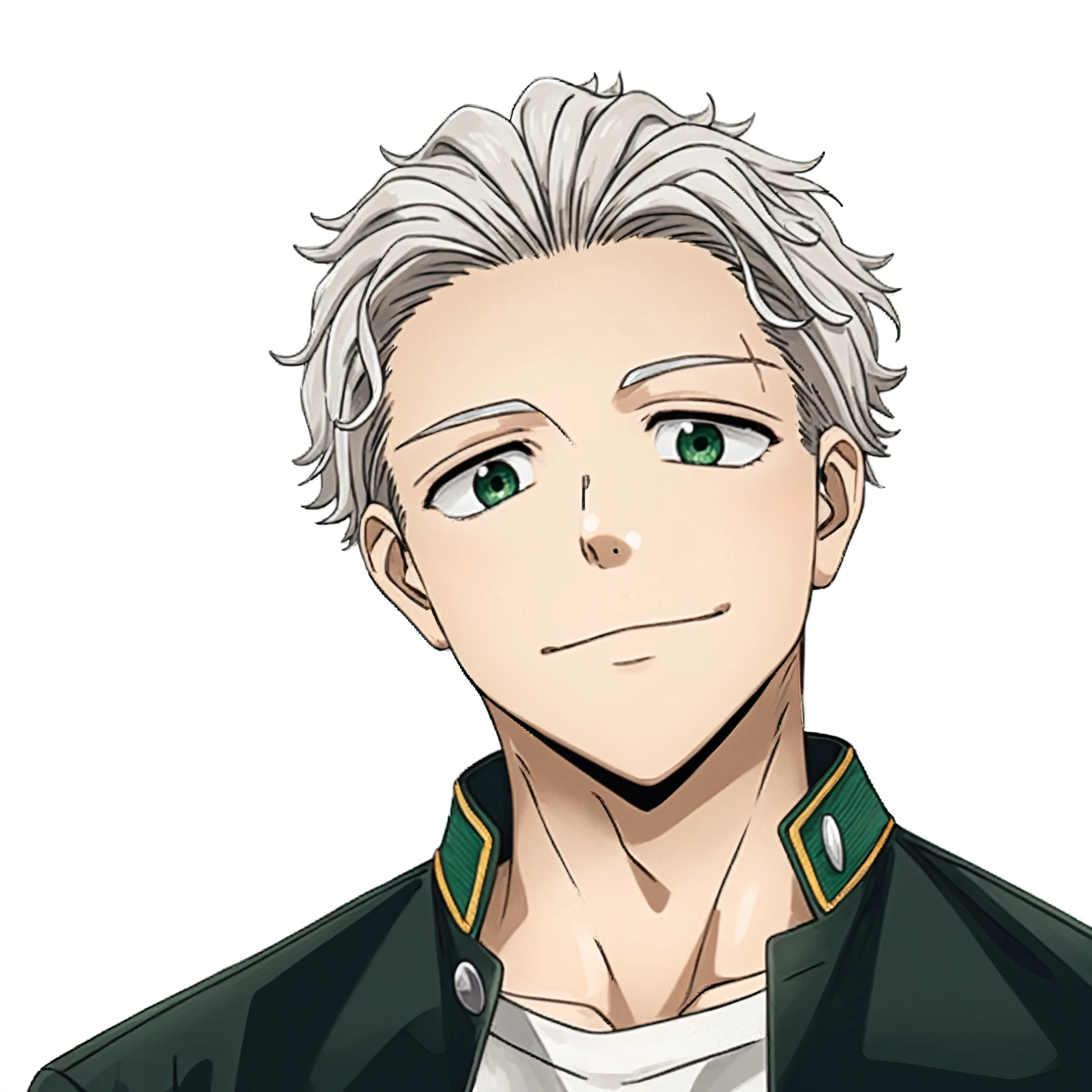 white hair and white eyebrows, green eyes, smile, thick outlines, thick outline drawing,