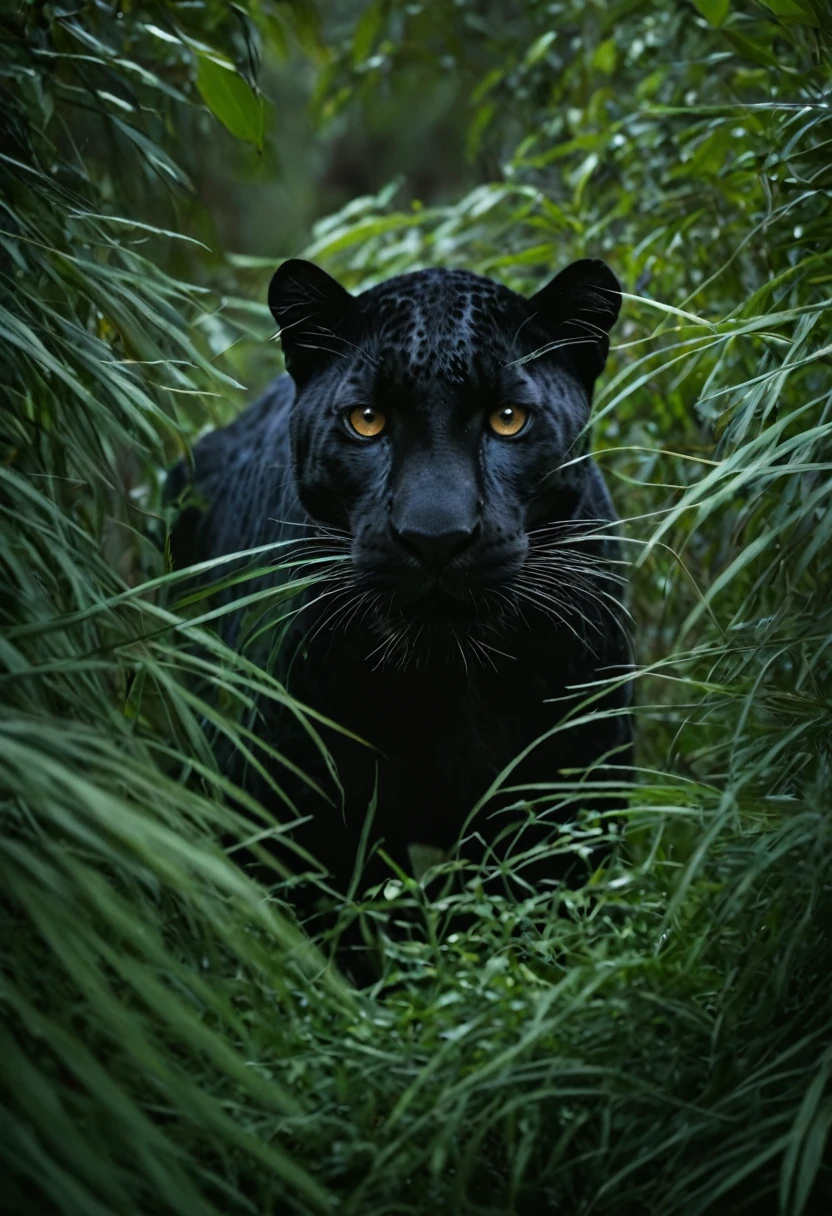 nature shot with wide shot of a dark jungle scene,face of a black-leopard hiding between the bushes,hunting,nightfall,dimmly lit,intense gaze,tension,perfect composition,masterpiece,best quality,ziprealism. Outdoors,greenery,natural light,vivid contrast,vivid color,Hyperrealistic art cinematic film still photography in the style of detailed hyperrealism photoshoot,

